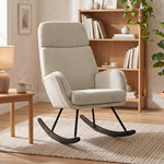 Fauteuil à Bascule, Rocking Chair en Velours Côtelé avec Dossier Haut et Accoudoirs, Pieds en Bois d'hévéa, Beige