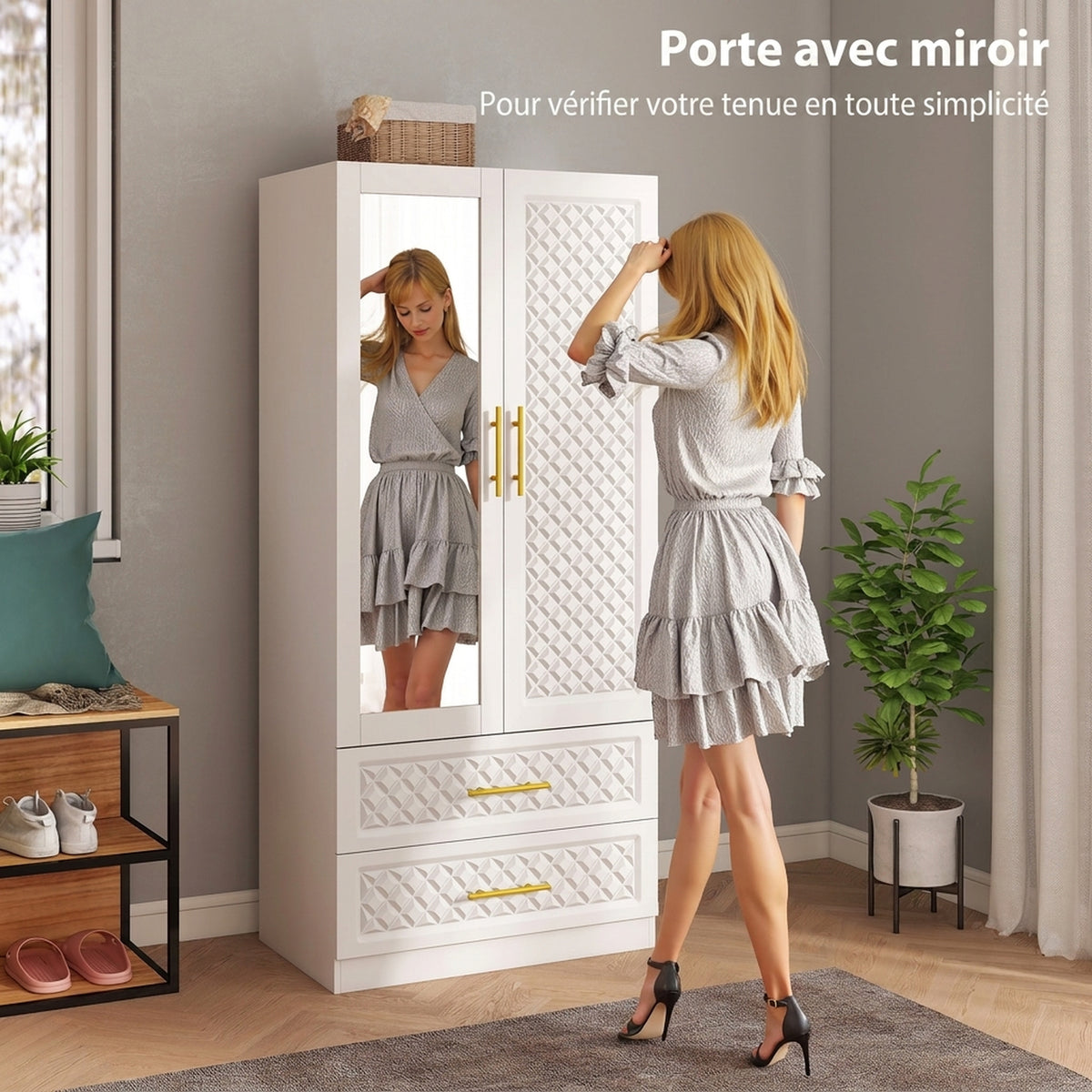 Armoire chambre penderie avec miroir, 2 tiroirs, 2 portes et barre de suspension, 80 x 50 x 180 cm, blanc