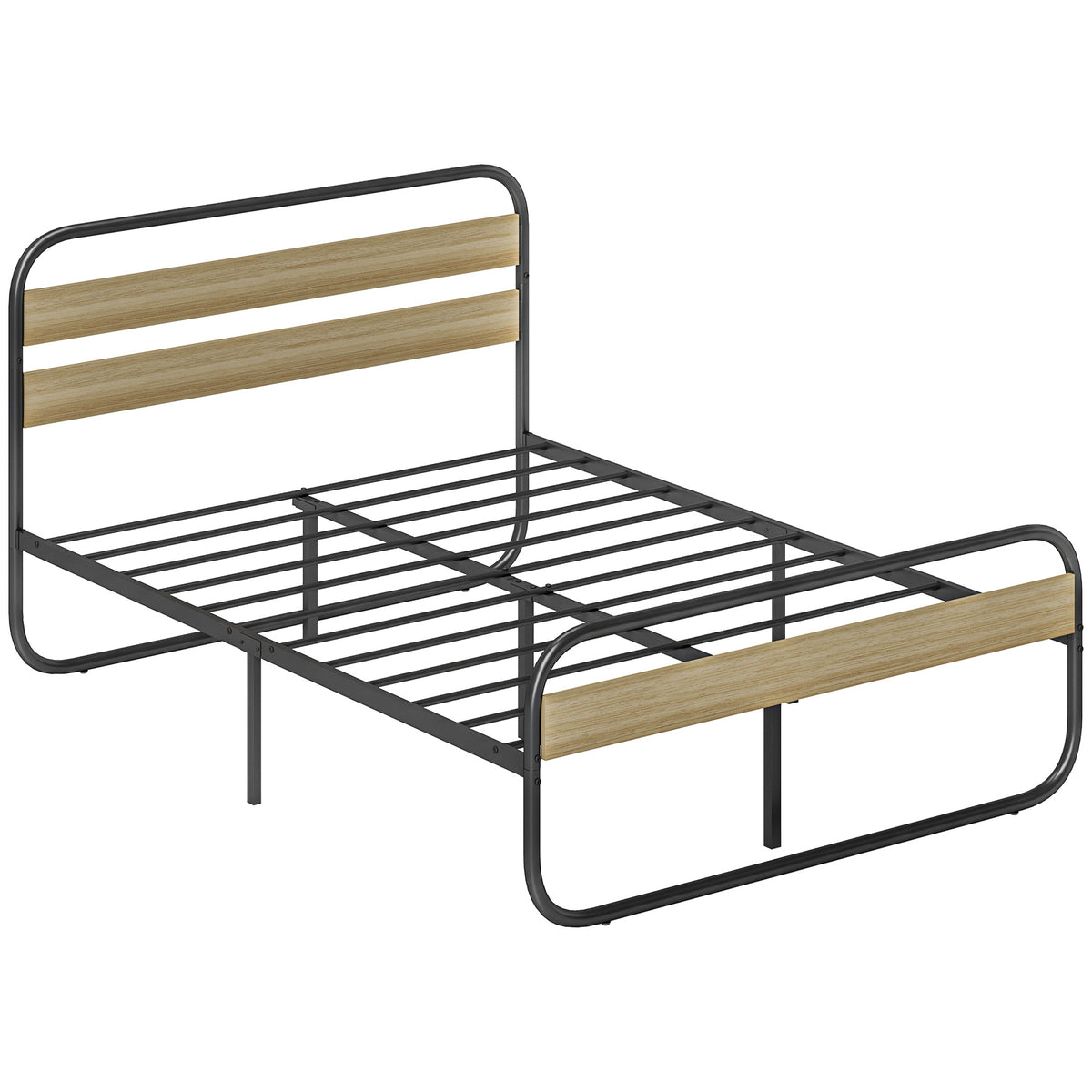 Lit double 140 x 190 cm, cadre de lit en acier style industriel, tête de lit et sommier inclus, aspect bois