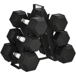 Ensemble d'Haltères Hexagonaux avec Support, Haltères Revêtus de Caoutchouc, Poignées Antidérapantes en Chrome, Noir
