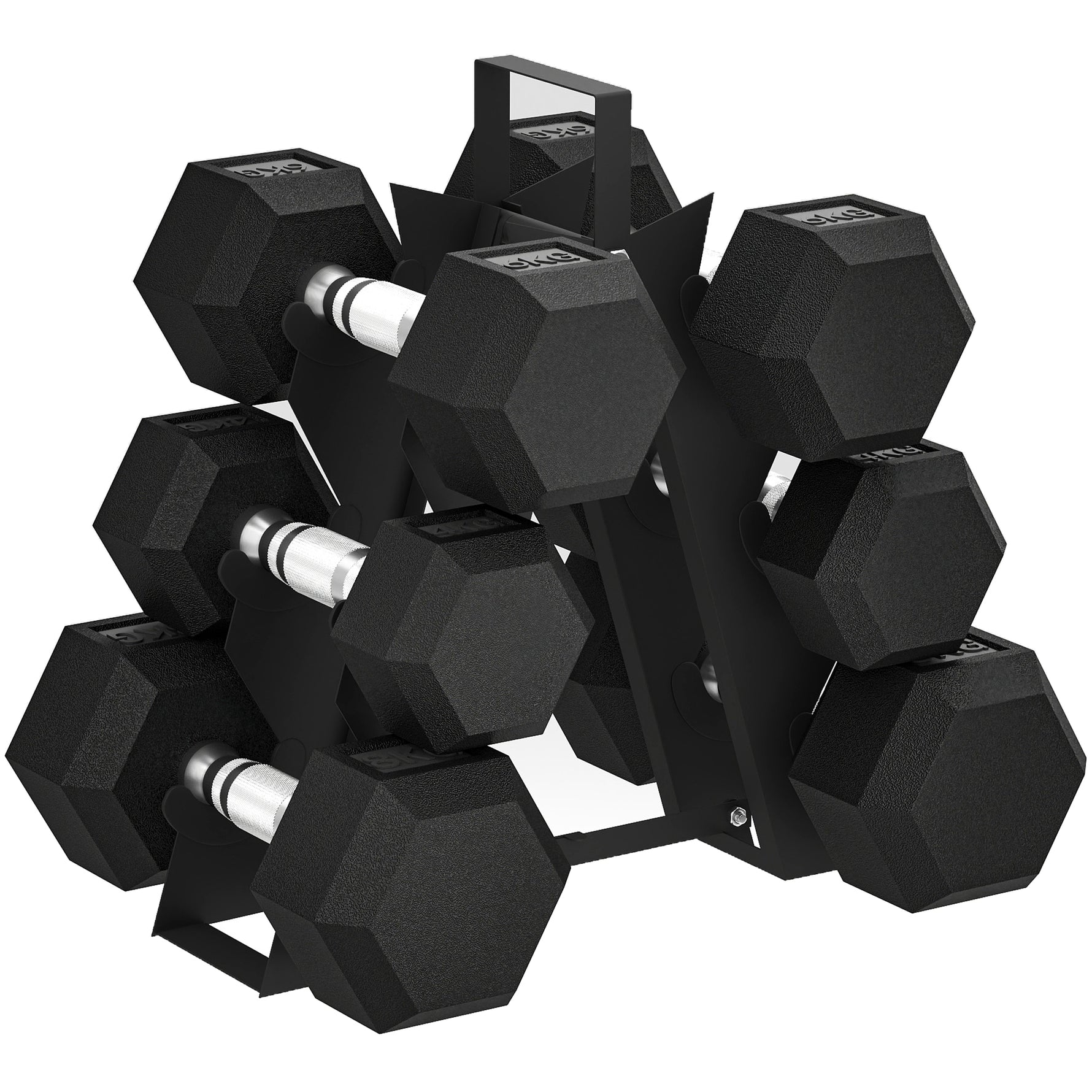 Ensemble d'Haltères Hexagonaux avec Support, Haltères Revêtus de Caoutchouc, Poignées Antidérapantes en Chrome, Noir