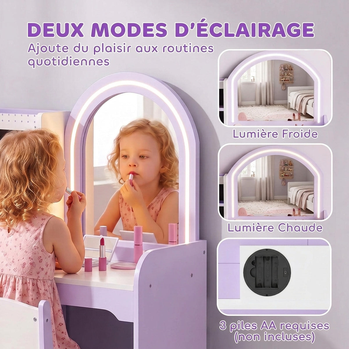 Coiffeuse pour Enfants avec Tabouret et Miroir en Acrylique à Éclairage Bicolore Coiffeuse Bureau Fille 3-8 Ans Violet