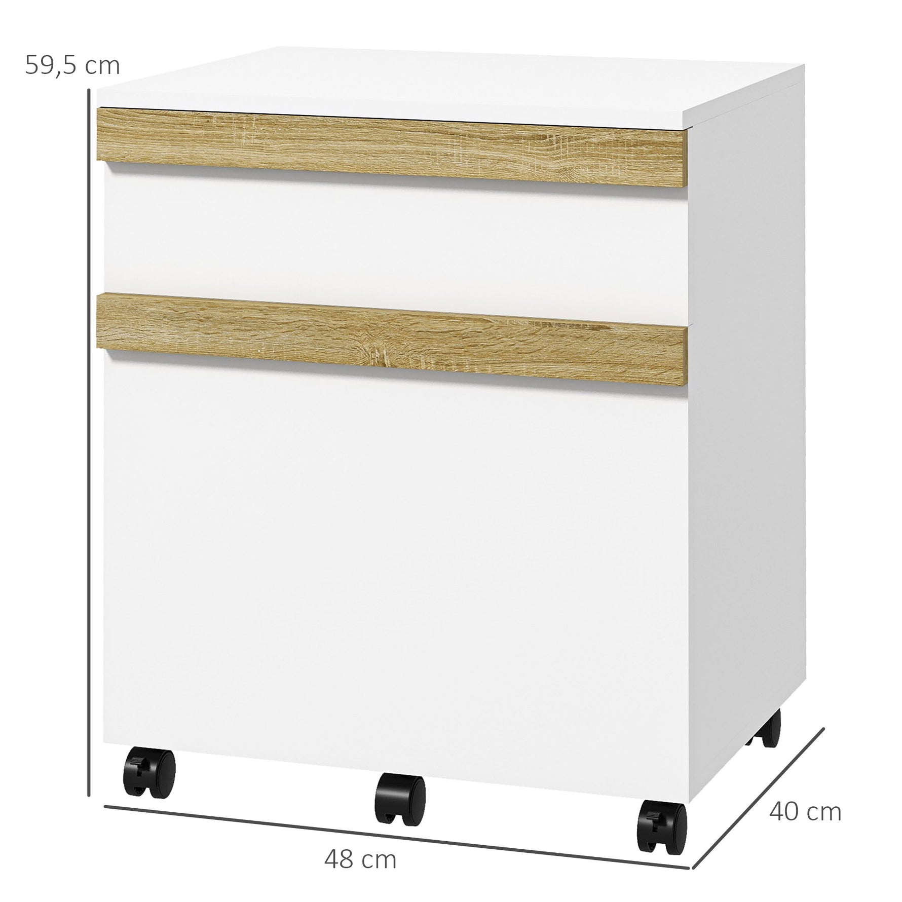 Caisson de bureau à roulettes avec 2 tiroirs coulissants trieur à dossiers 48 x 40 x 59,5 cm blanc