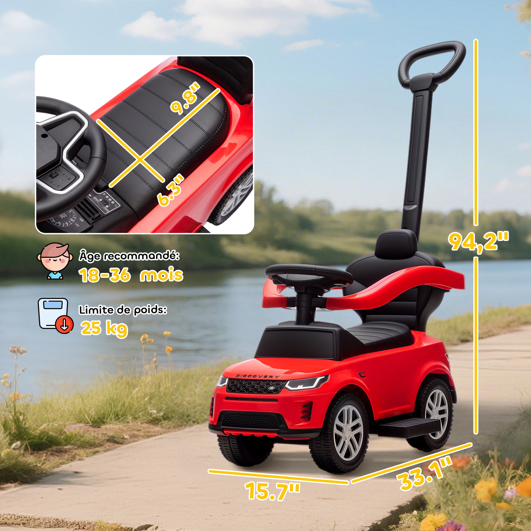 Porteur enfants Land Rover Discovery sous licence, porteur voiture à pousser avec poignée amovible, 84x40x94,5cm, rouge
