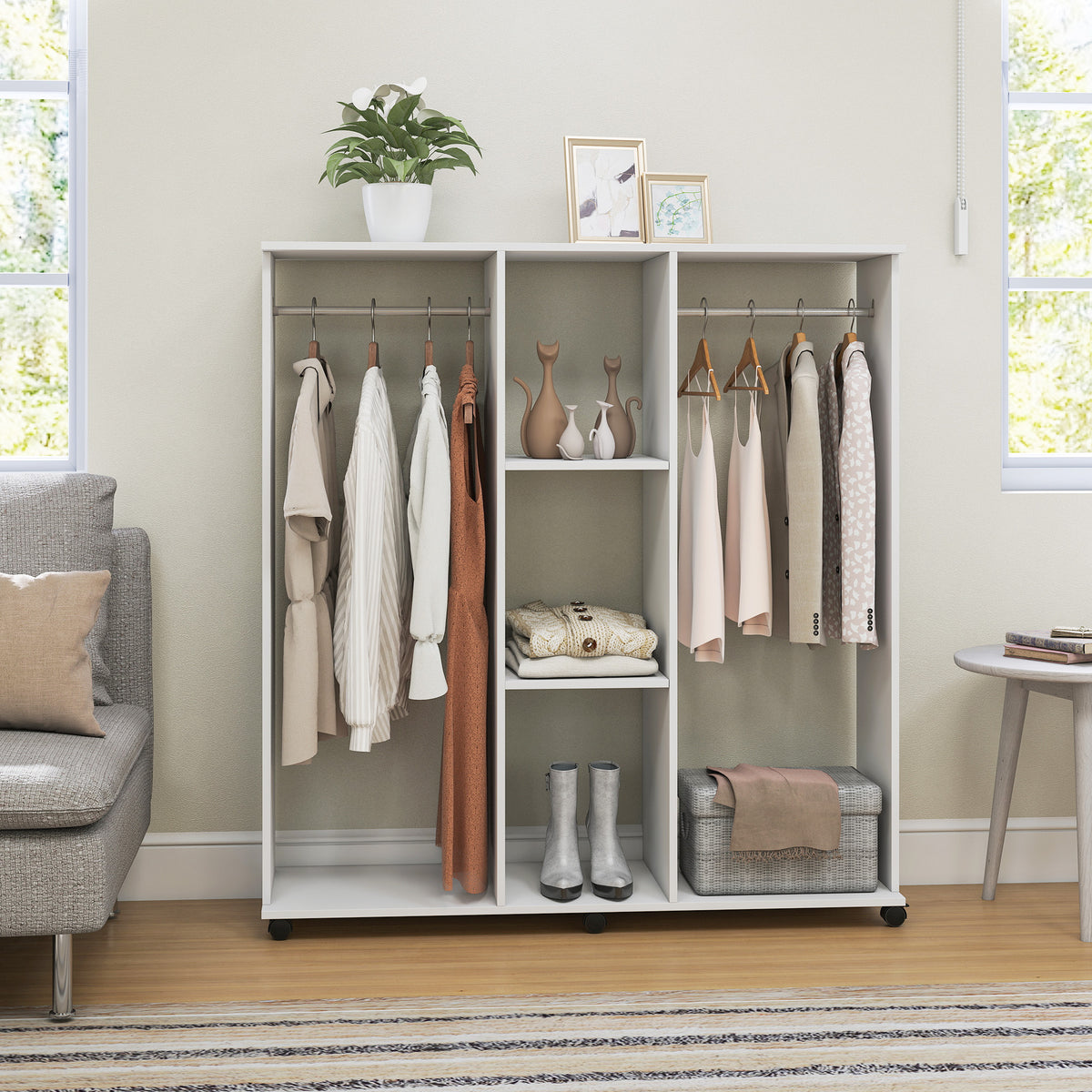Armoire penderie meuble de rangement mobile 6 roulettes 120 x 40 x 128 cm en bois blanc