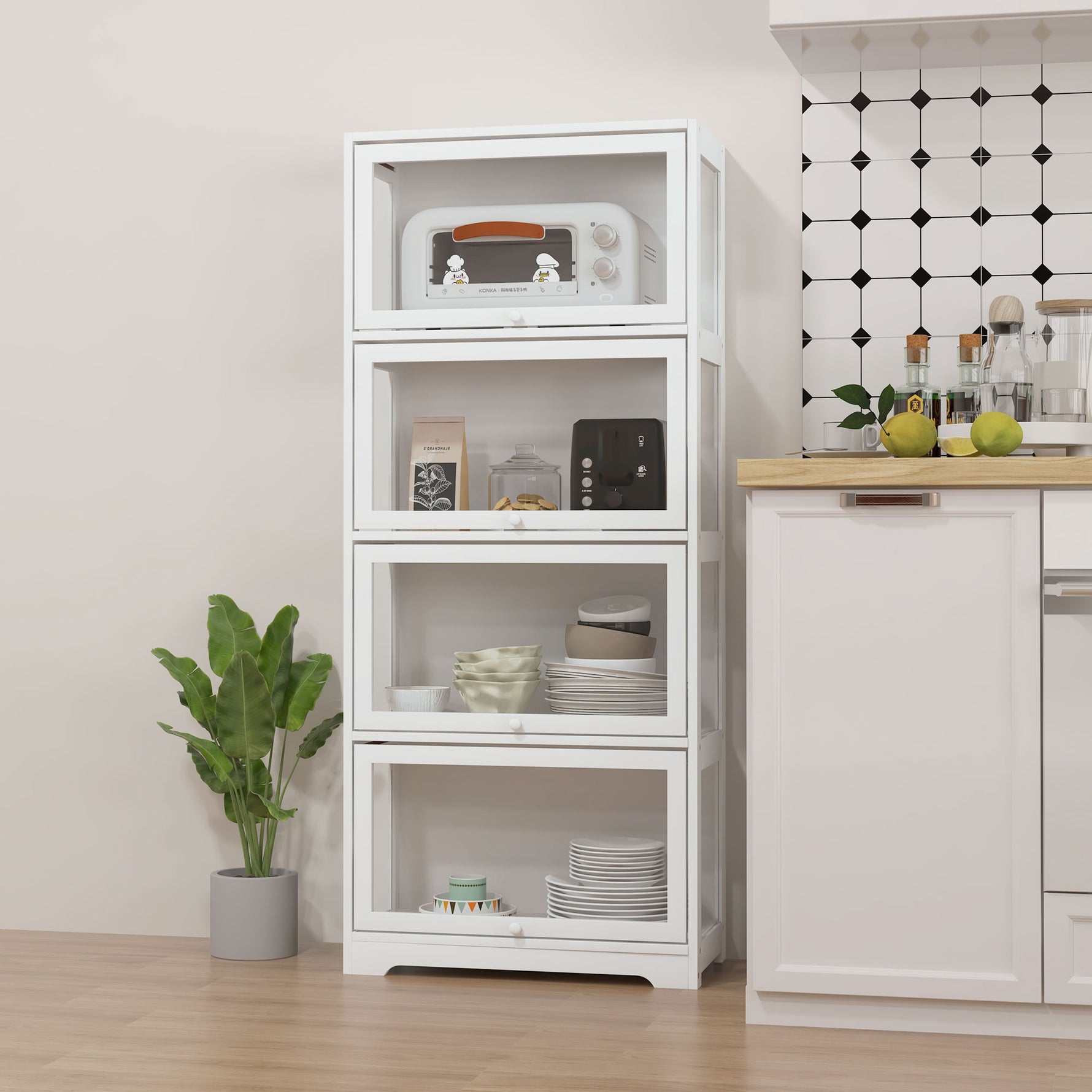 Vitrine pour collection buffet salon meuble de rangement à 4 niveaux avec portes à abattant, 59 x 30 x 139 cm, blanc