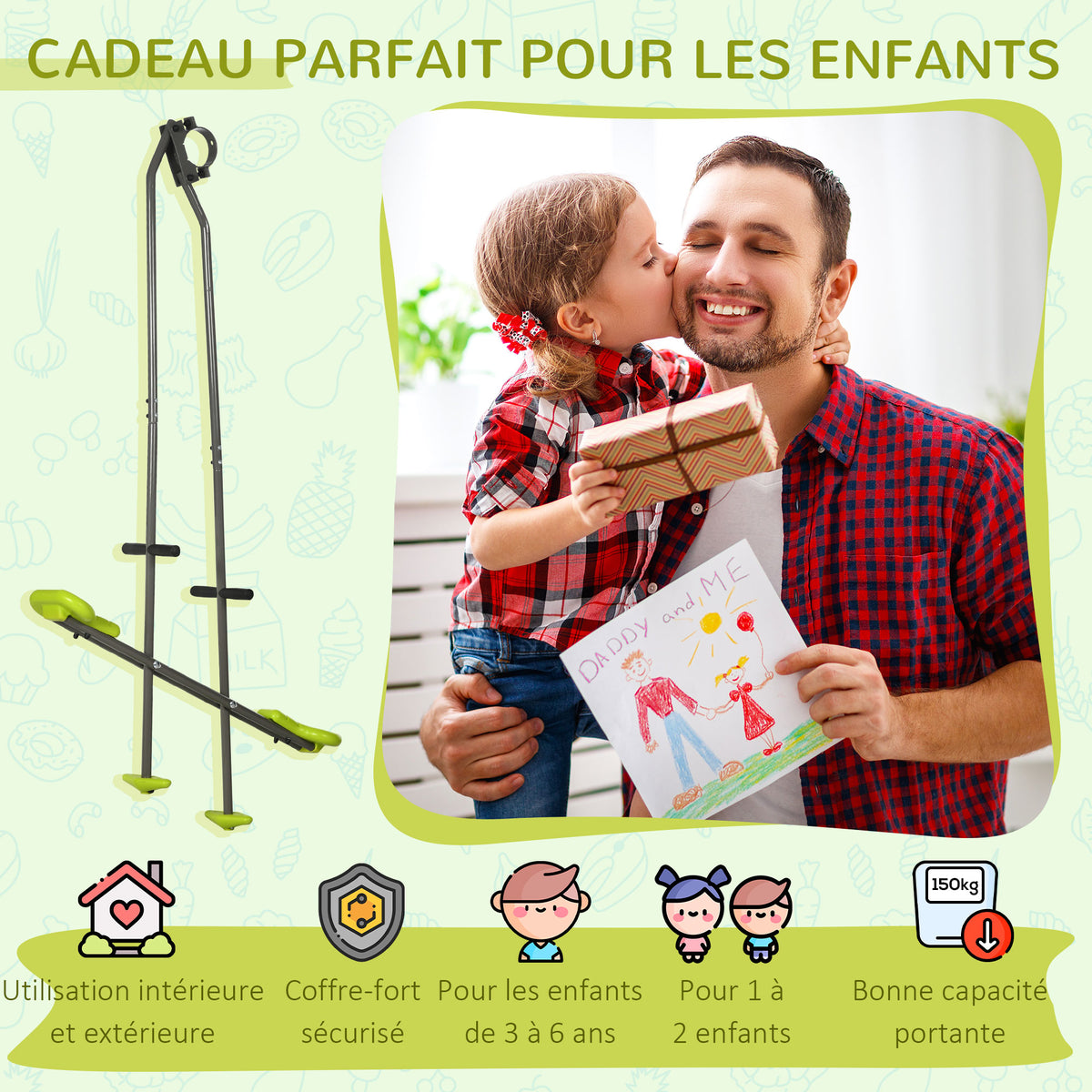 Balançoire agrès vis-à-vis pour les enfants en acier et plastique pour portique - 3 à 6 ans 97,5 x 23 x 170 cm vert