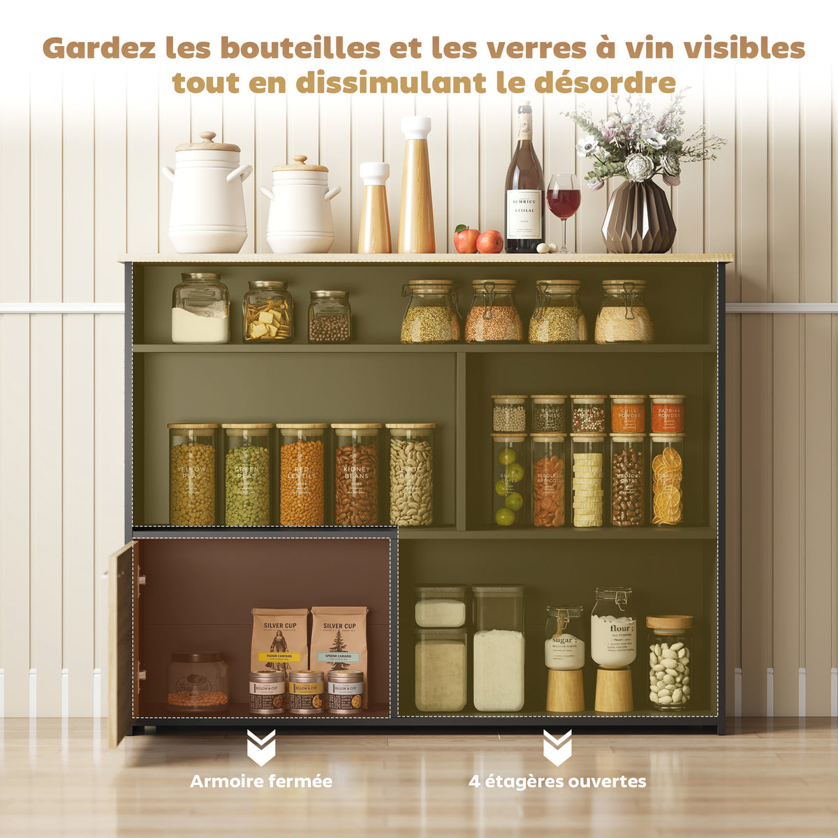 Table de bar extensible avec abattant, table haute cuisine, 1 placard et 4 compartiments ouverts, 116x79,6x90,5cm, noir