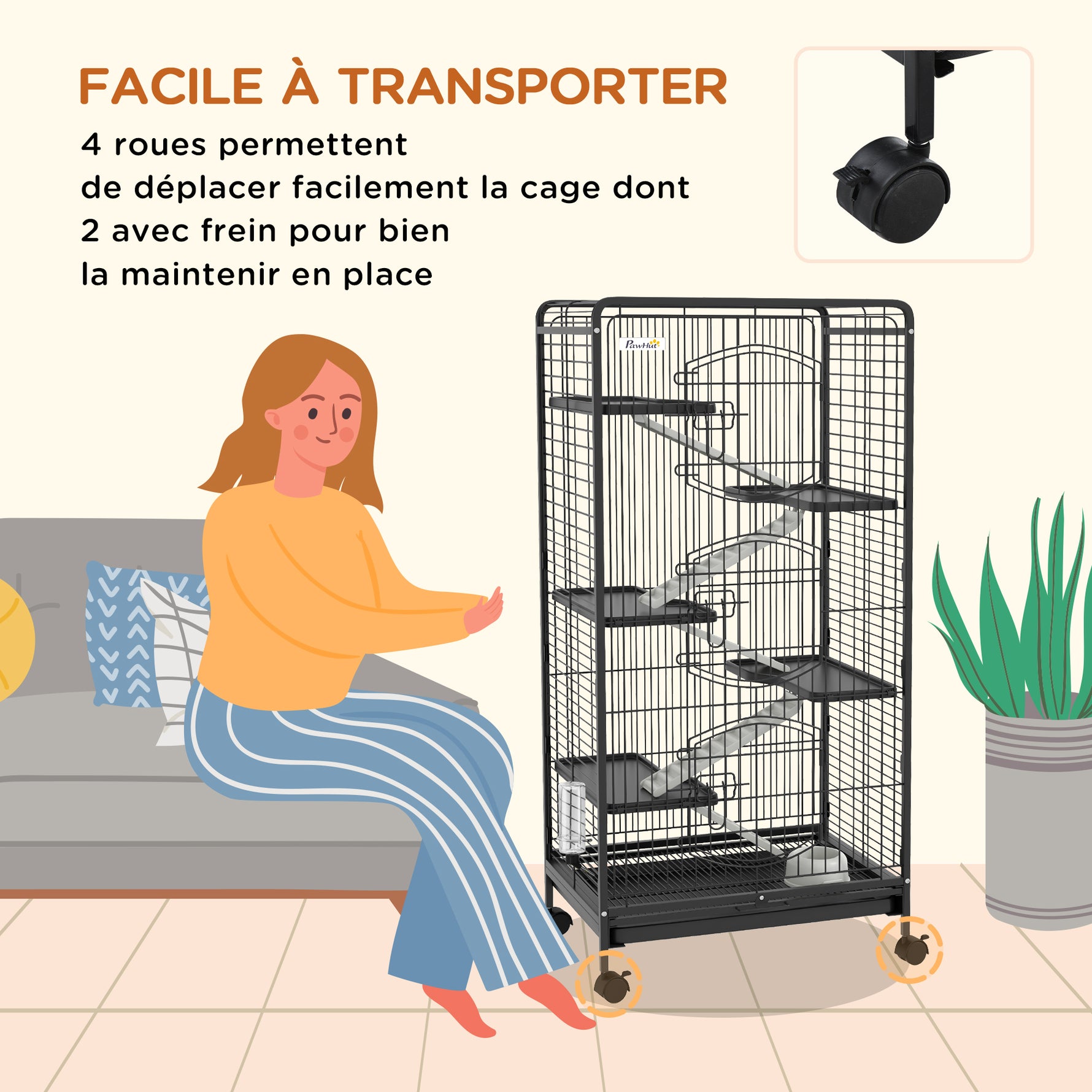 Cage pour Petits Animaux Roulante 5 Rampes 5 Plates-formes Plat et Bouteille d'Eau 250 ml Bac Inférieur Amovible