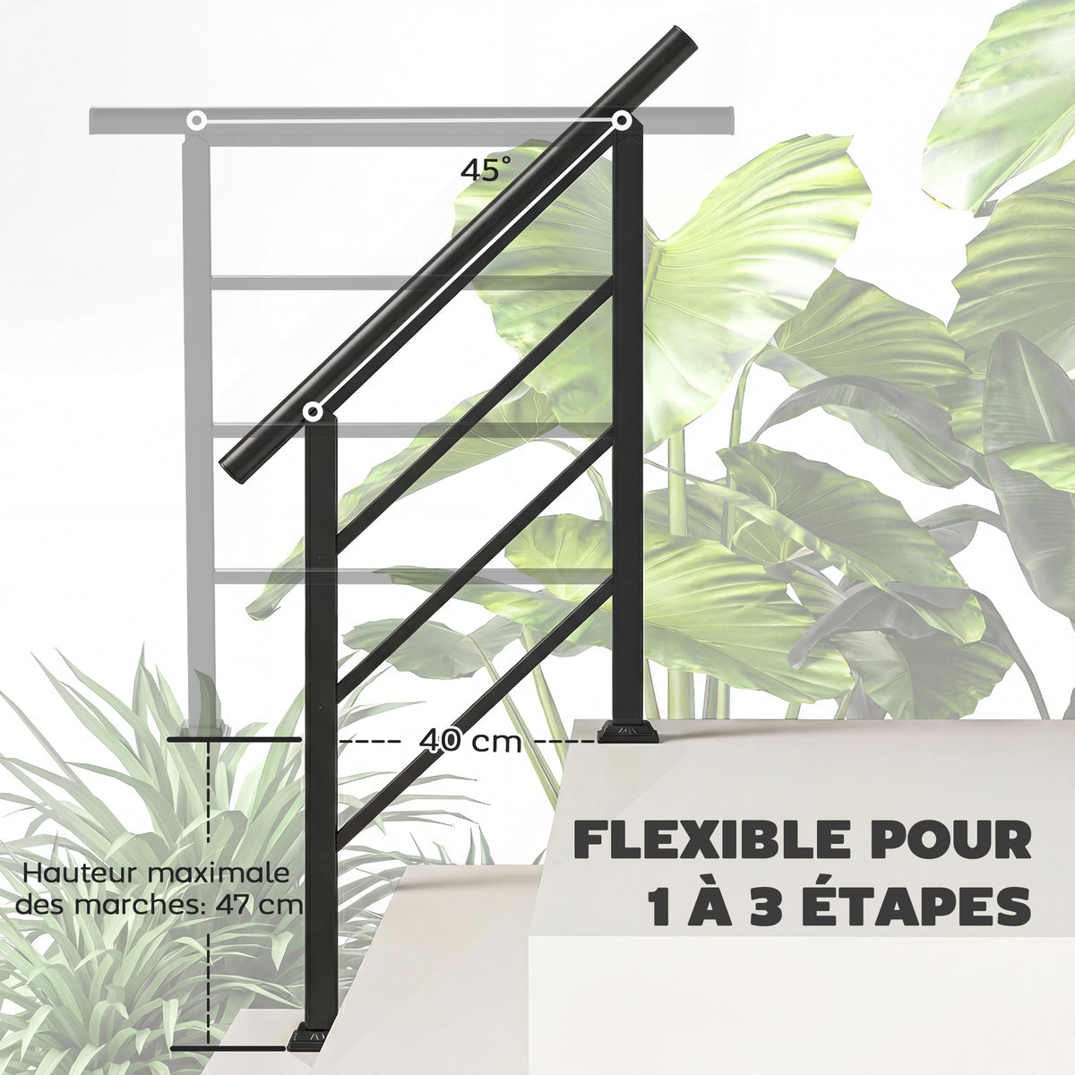 Outdoor Stair Railing for 1 to 3 Steps, Metal Stair Handrail with Installation Kit, Black
