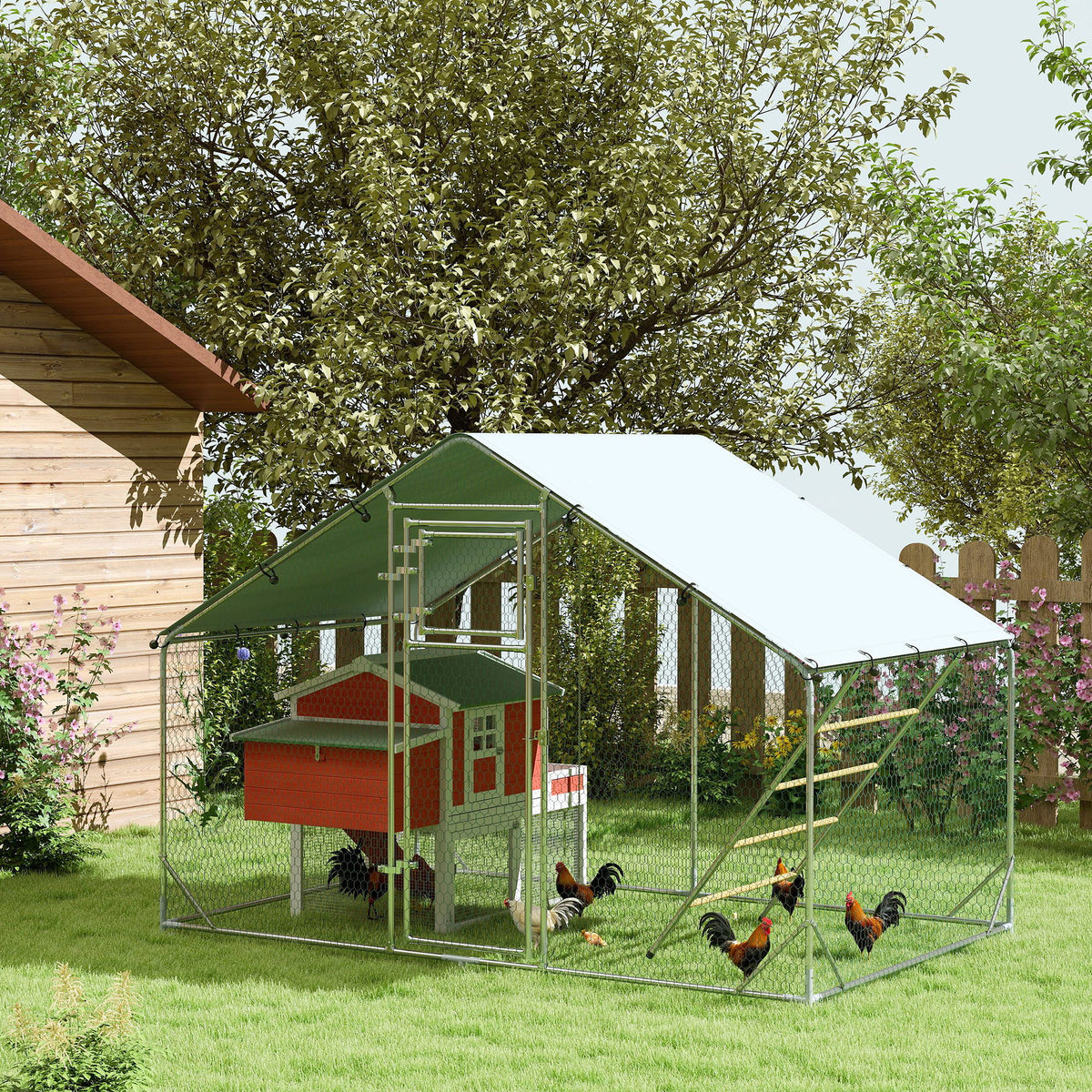 Enclos poulailler extérieur parc grillagé 6 m² avec perchoir et mangeoire acier galvanisé Ø25mm 300x200x195cm argent
