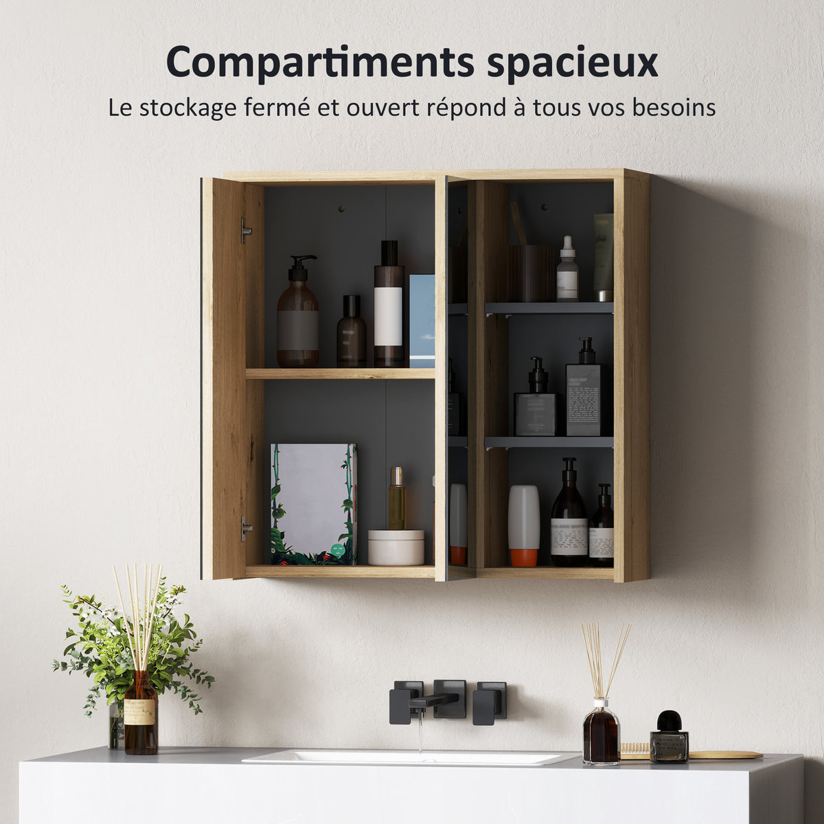 Armoire de salle de bain avec miroir armoire de toilette miroir mural 3 étagères ouverts 60 x 20 x 60 cm bois naturel