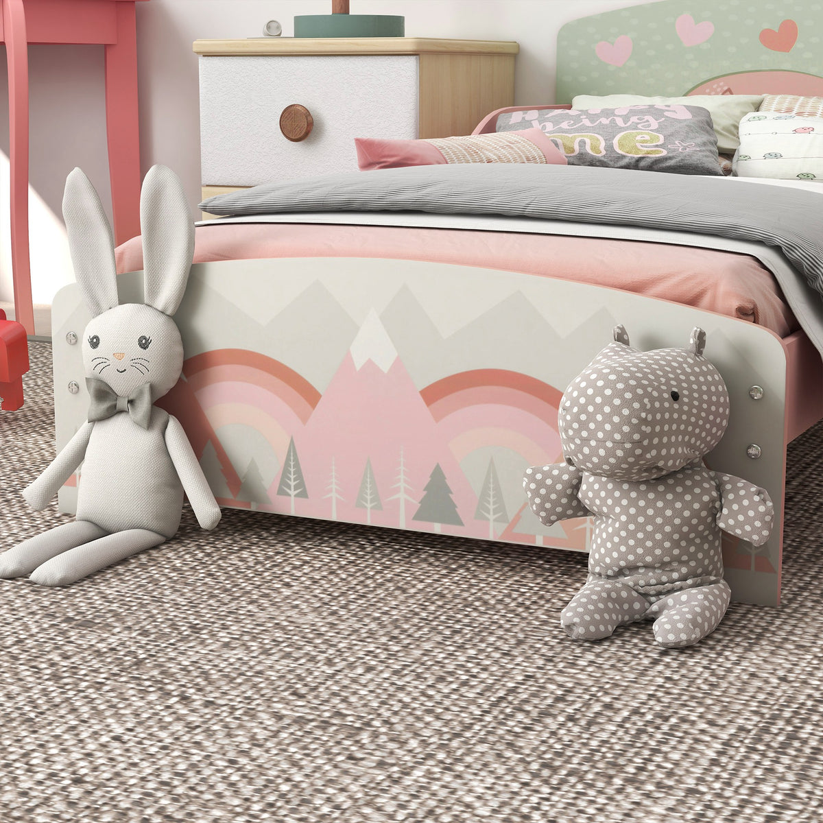 Lit pour enfant 3-6 ans avec barrières de sécurité et motifs dim. 77 x 143 x 60 cm sommier à lattes inclus - rose