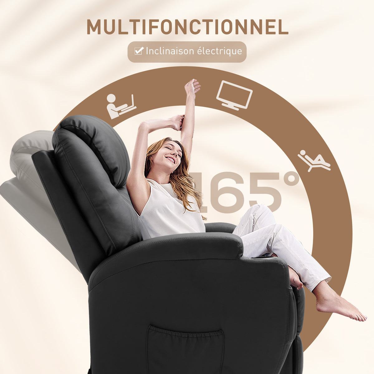 Elektrischer Massagesessel, Relaxsessel mit verstellbarer Rückenlehne und Fußstütze, Kunstlederbezug für Wohnzimmer, Schlafzimmer, Heimkino, Schwarz
