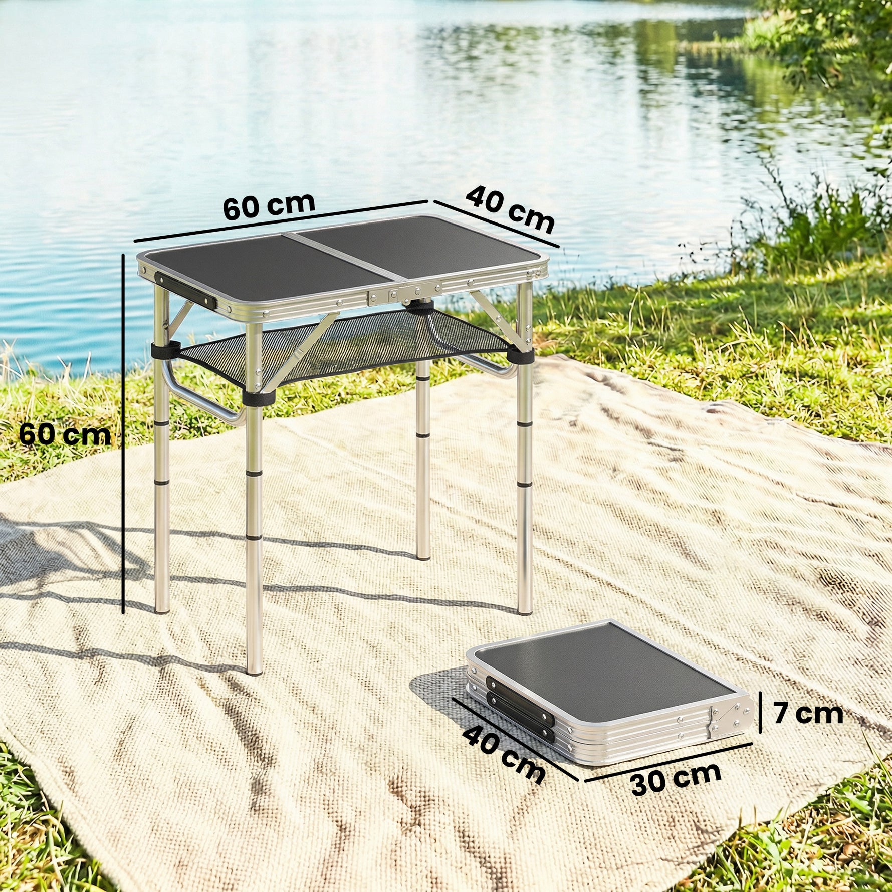 Table pliante aluminium, table de camping pliante, poignée 4 hauteurs réglables avec Rangement 60x40x60cm, blanc