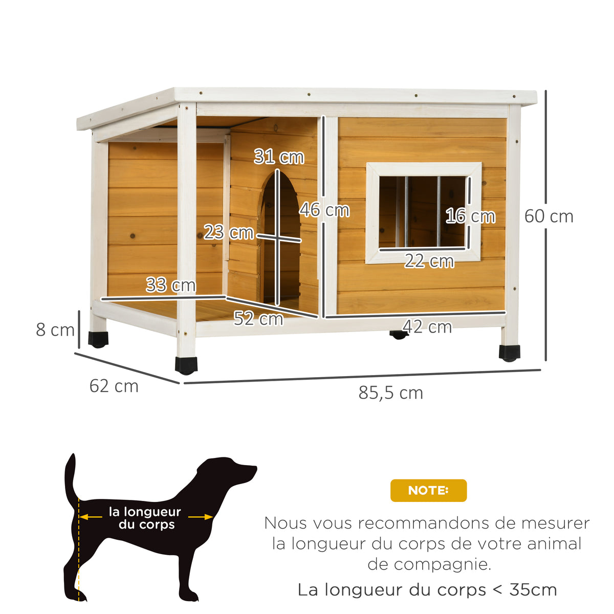 Niche pour chien extérieur maison chien intérieur en bois avec toit ouvrant et fenêtre 85,5L x 62l x 60H cm orange