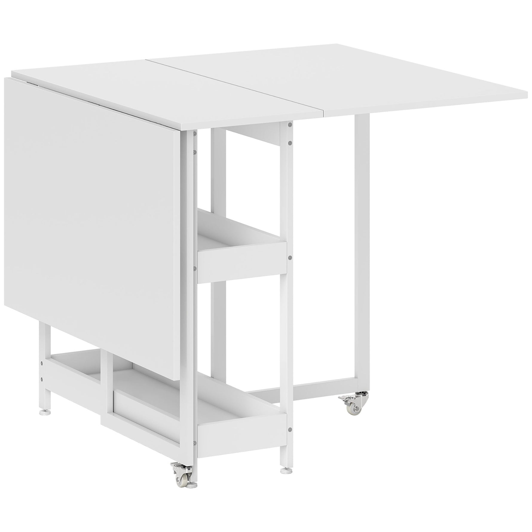 Table à manger pliante sur roulettes 4 personnes avec compartiments ouverts, pour petits espaces, salle à manger, blanc