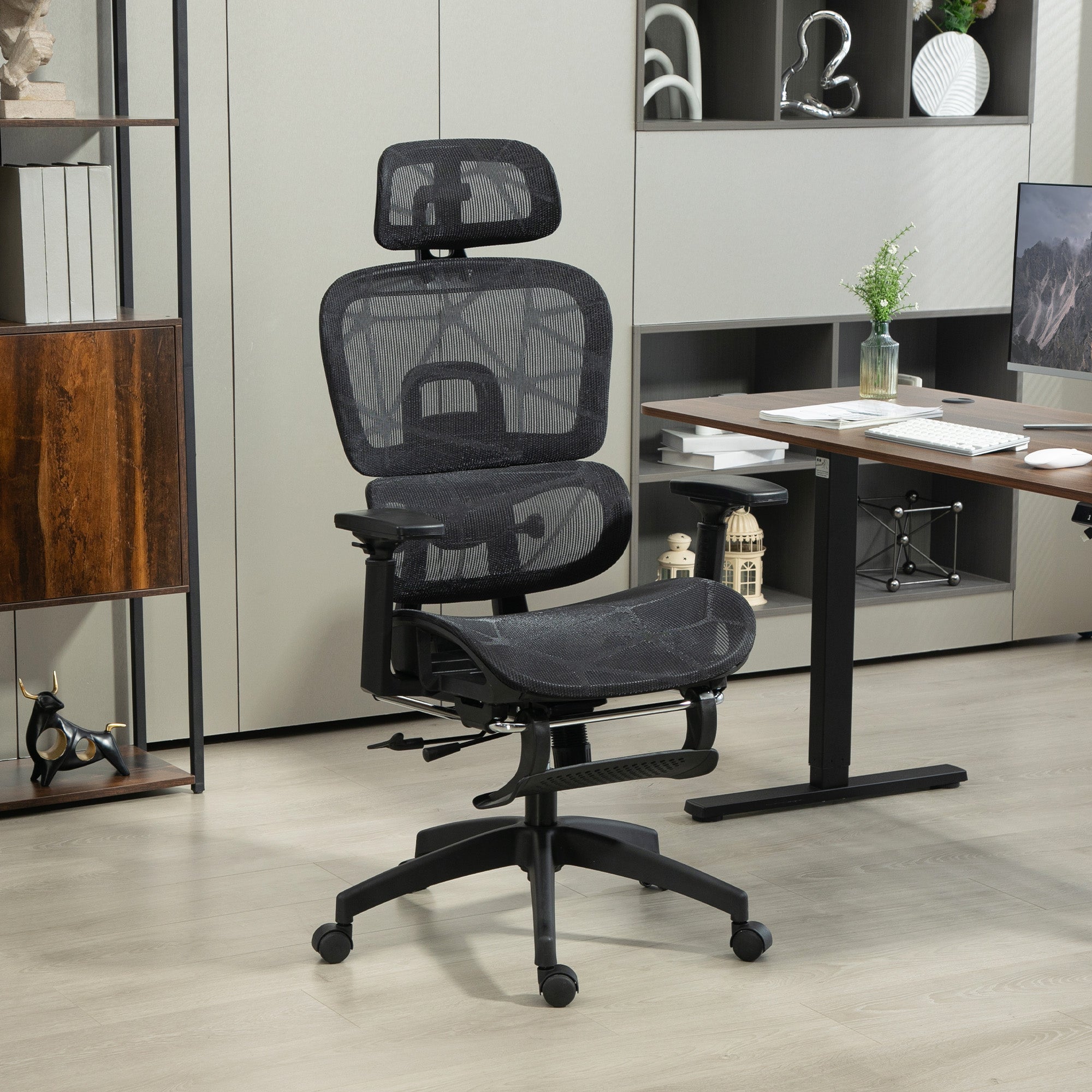 Office chair, ergonomic mesh office chair with 3D armrests, reclining backrest, 66x64x122 cm, black