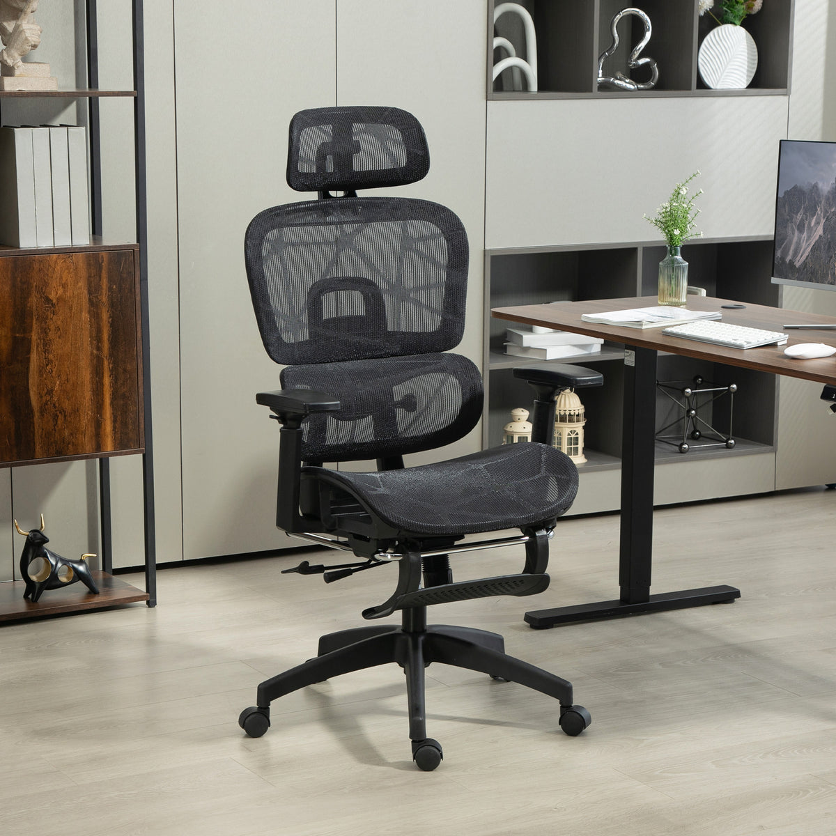 Fauteuil de bureau, chaise de bureau ergonomique en maille avec accoudoirs 3D, dossier inclinable, 66x64x122 cm, noir