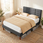 Cadre de Lit 140 x 200 cm avec Sommier Bois, Lit Double Rembourré en Effet Lin, Rangement au-dessous, Sans Bruit, Gris