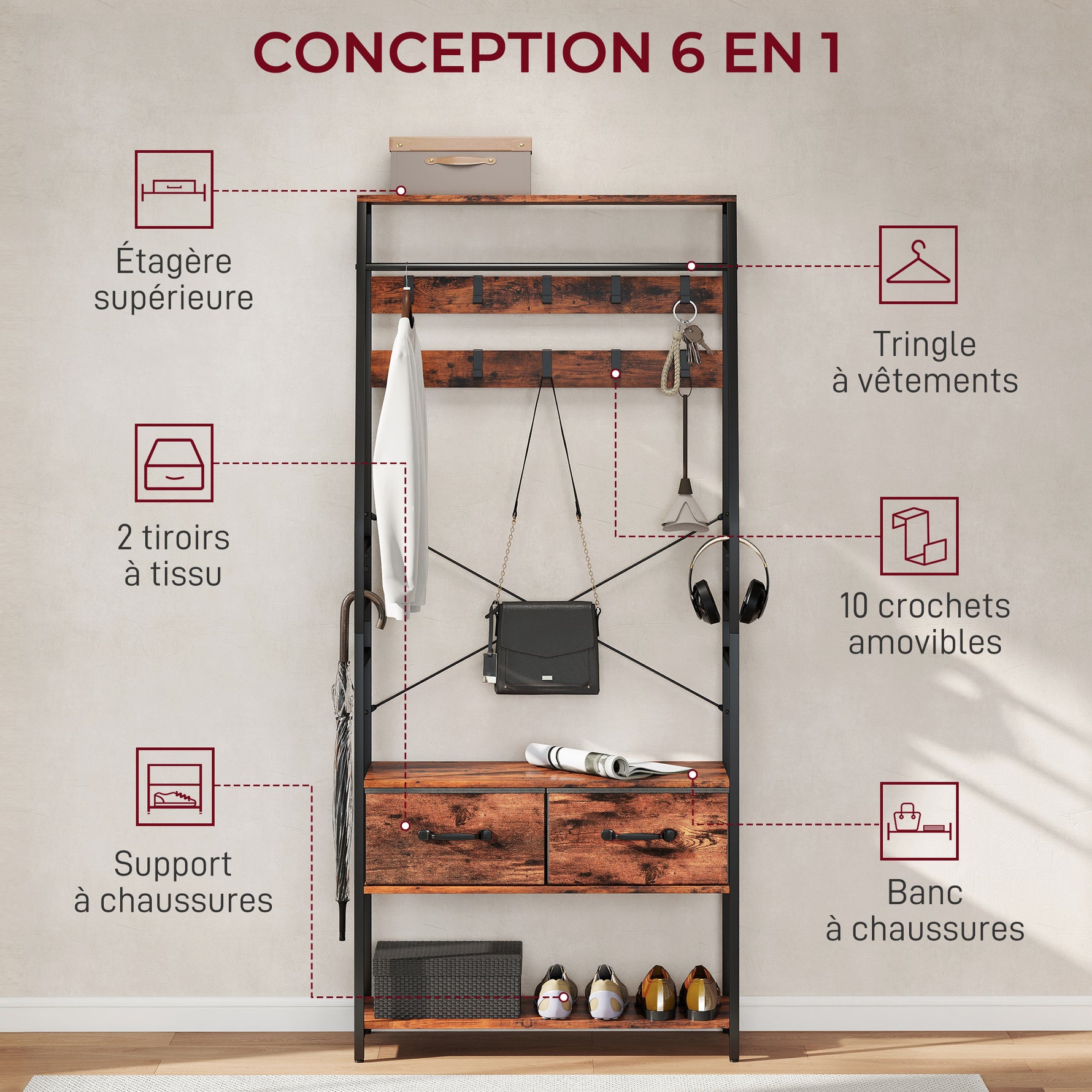Meuble d'entrée 6 en 1 portemanteau tringle à vêtements étagère 2 tiroirs 10 crochet 80 x 30 x 180 cm brun rustique