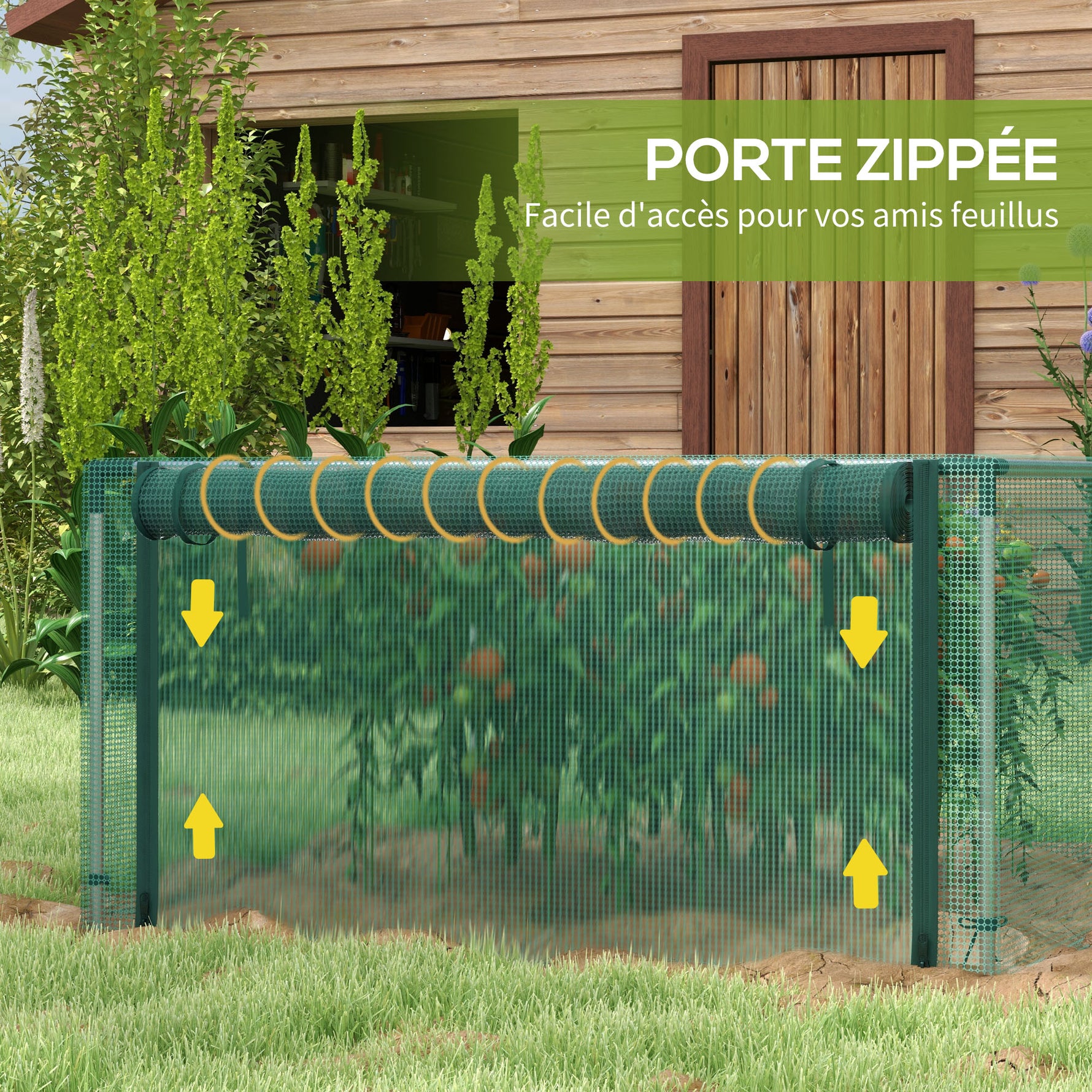 Serre de jardin serre à tomates filet protection porte zippée enroulable HDPE, dim. 125L x 373l x 62,5H cm