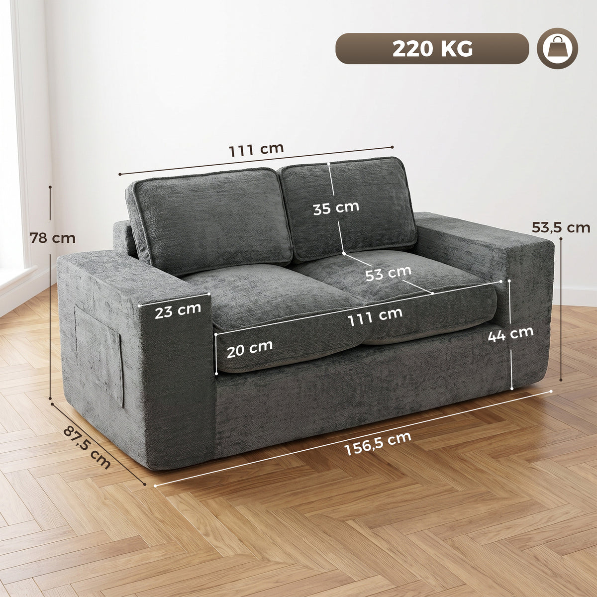 Canapé 2 Places en Chenille, Canapé de Salon 156 cm, Assise et Accoudoirs Larges Rembourrées, 2 Oreillers, Gris