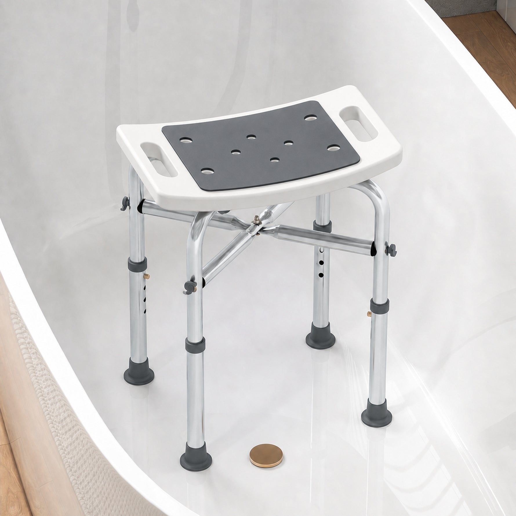 Tabouret de douche chaise de douche - assise rembourré et réglable, patins à ventouses antidérapants, en aluminium gris