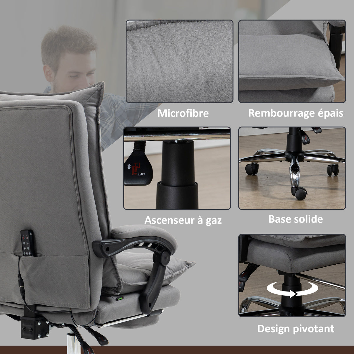 Fauteuil de bureau massant et chauffant, chaise de bureau, hauteur réglable, dossier inclinable, 66x74x121,5cm gris