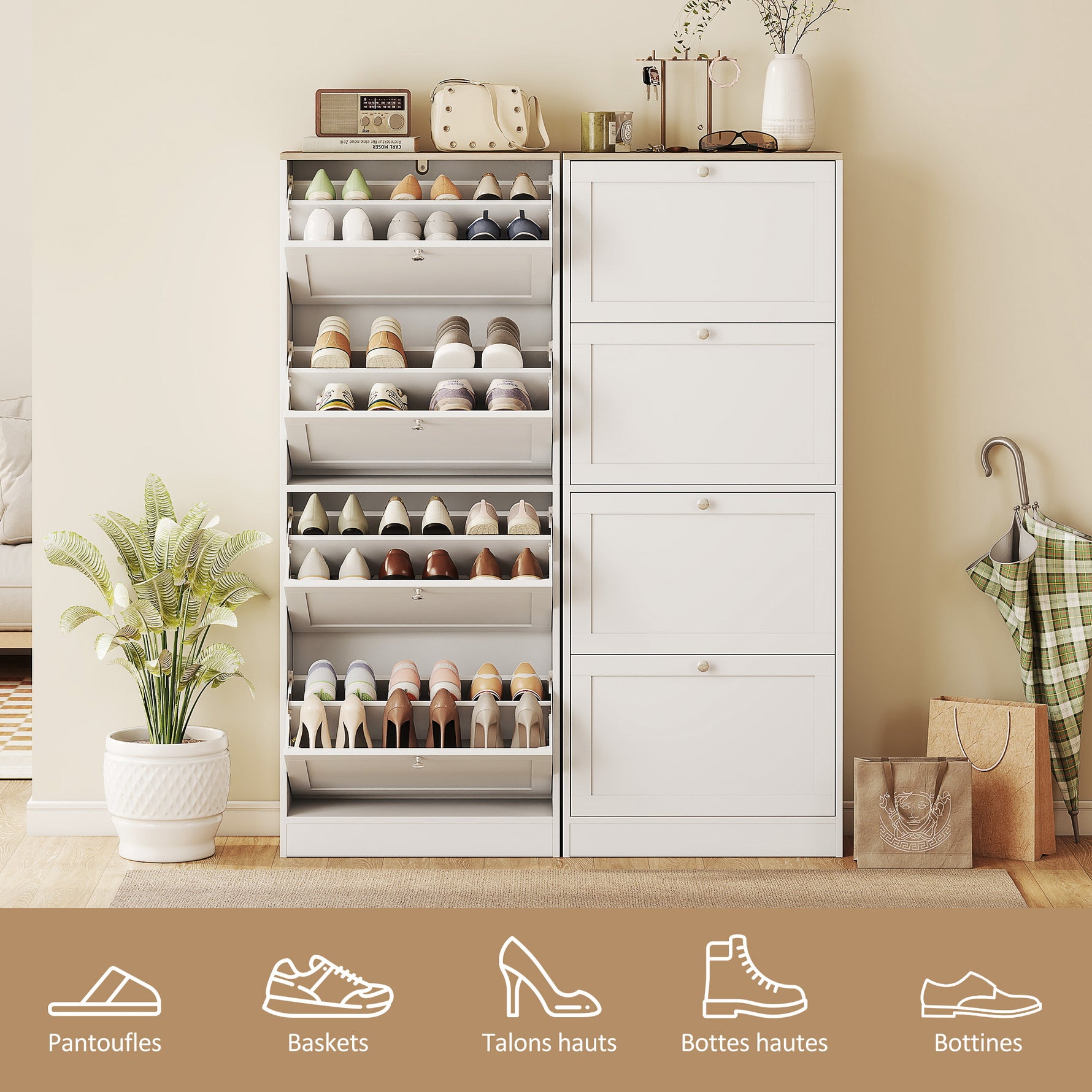 Meuble à chaussures 24 paires, armoire à chaussures avec 4 tiroirs rabattables, étagères réglables, 60x23,5x153cm, blanc