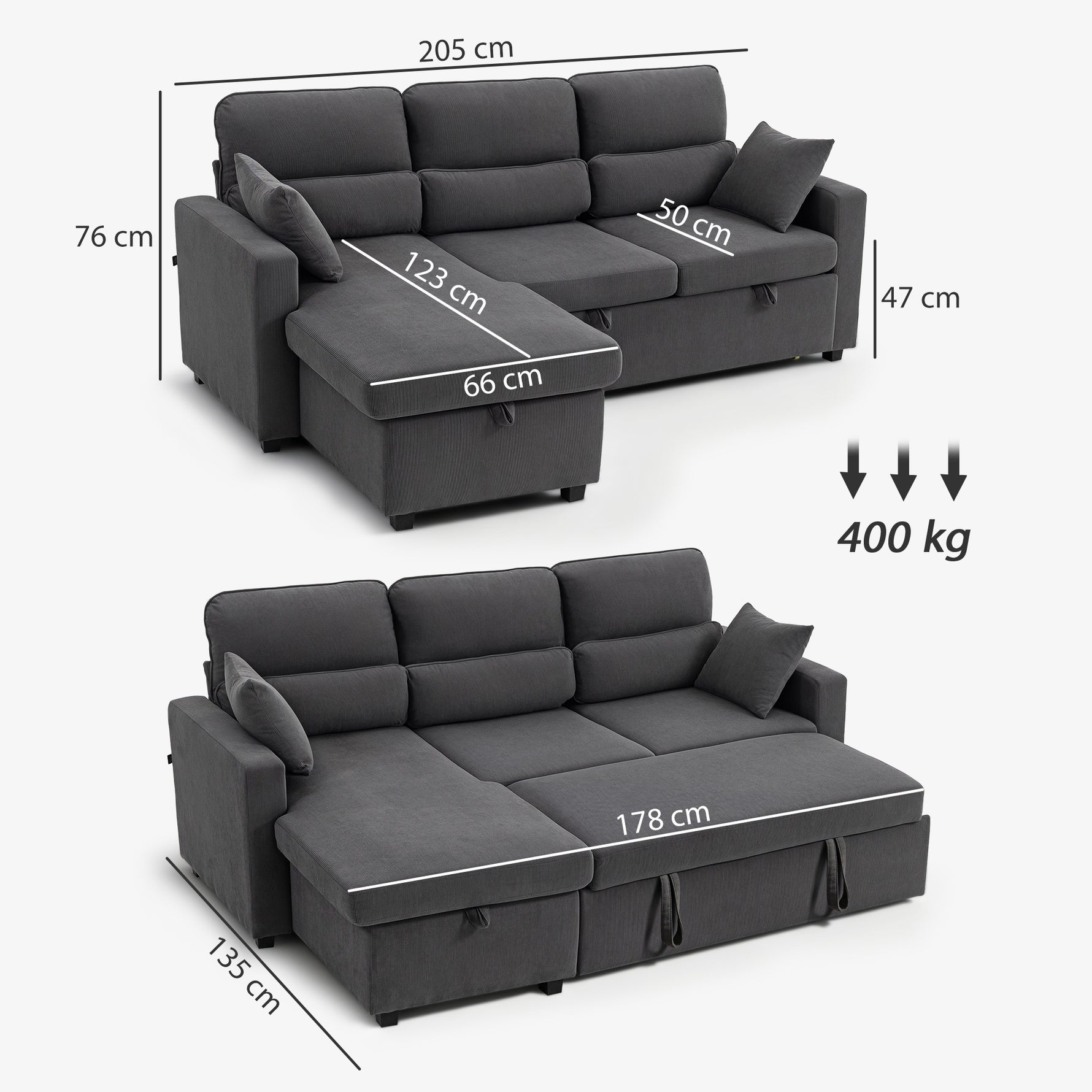 Canapé d'angle convertible en velours côtelé, canapé-lit 3 places avec rangement caché, coussins, 205x135x76cm, gris