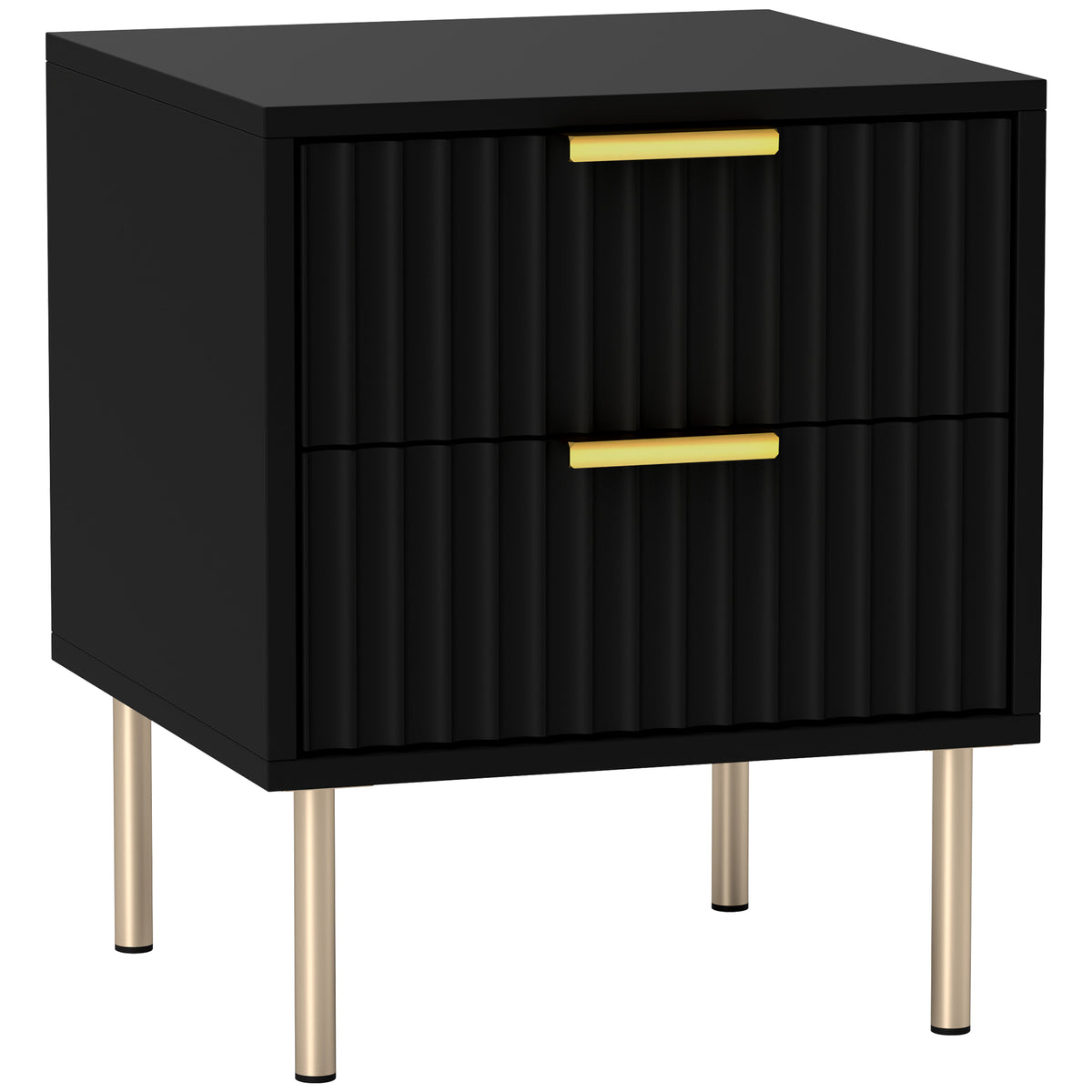 Mesita de noche, mesa de noche acanalada con 2 cajones y patas de acero, para dormitorio, salón, negro