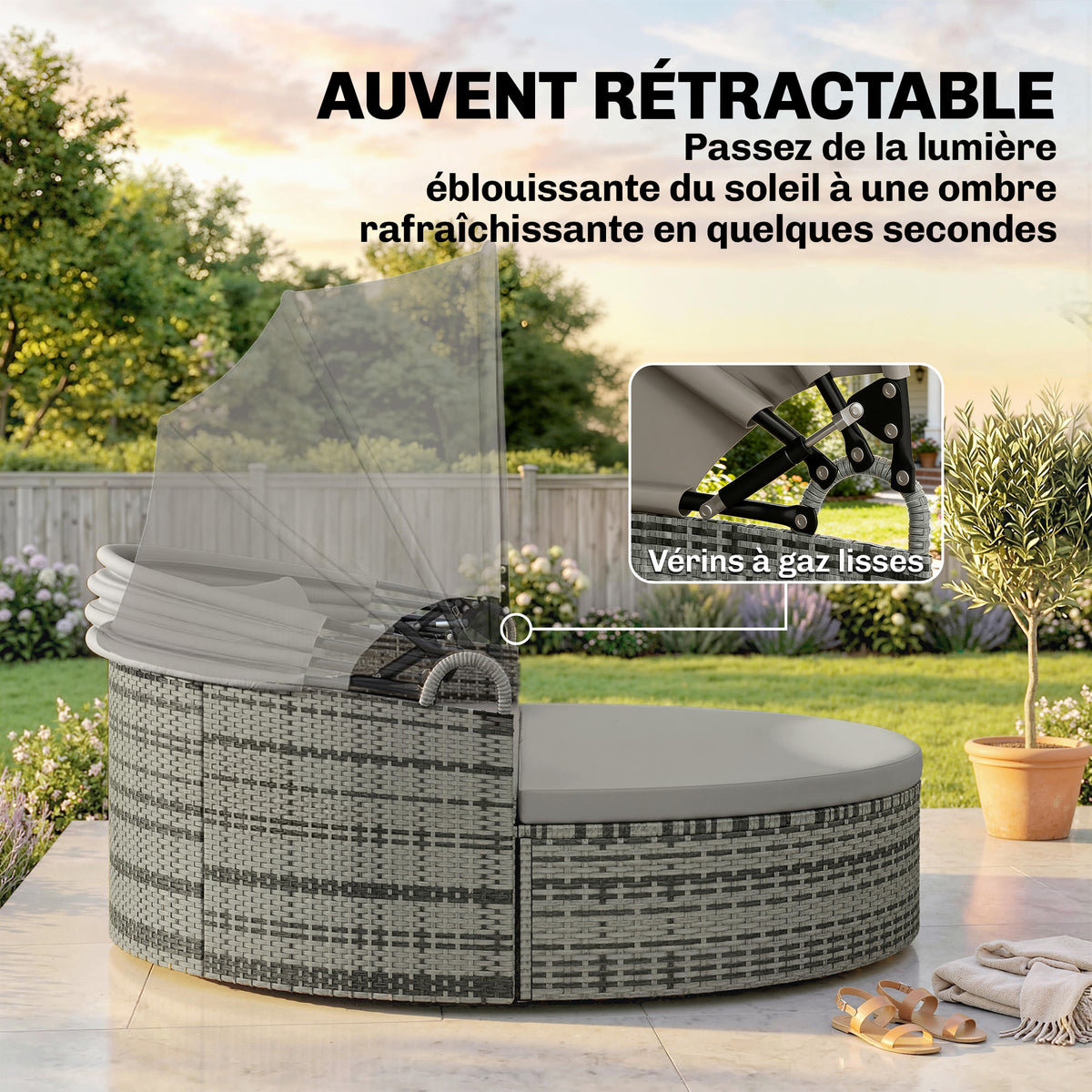Lettino prendisole rotondo, letto da giardino modulabile 3 pezzi in polyrattan con tettuccio retrattile, grigio chiaro