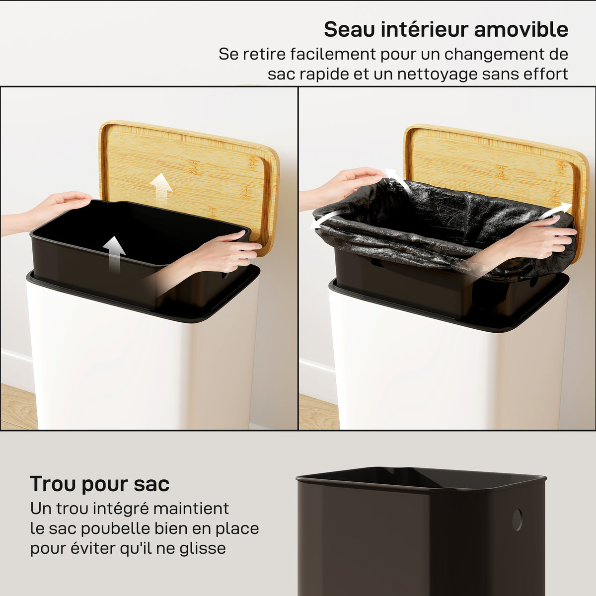 Poubelle de Cuisine 20L, Poubelle avec Pédale, Couvercle en Bambou à Fermeture Douce, Seau Intérieur Amovible, Blanc