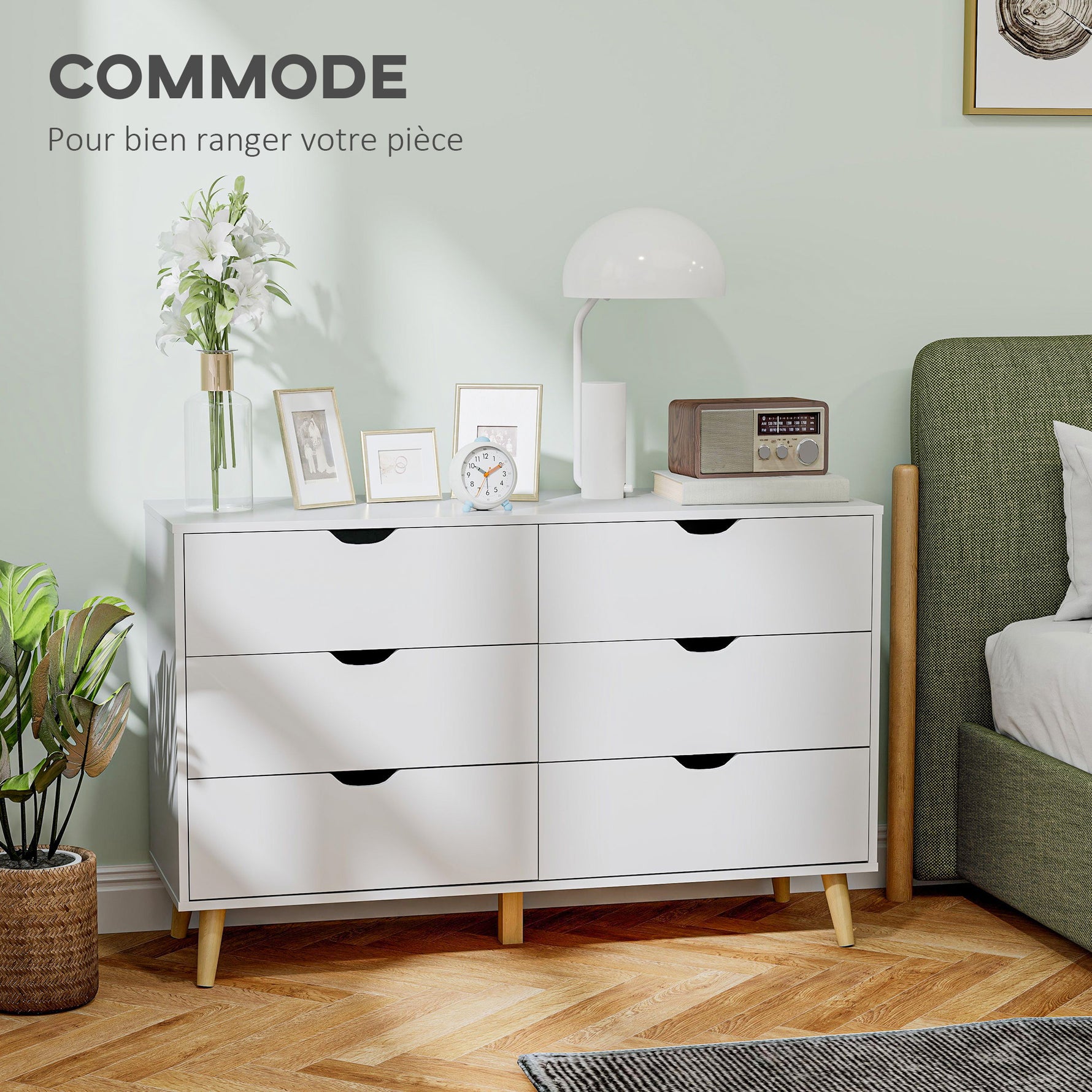 Commode 6 tiroirs meuble de rangement 5 pieds biseautés en bois  120 x 40 x 76 cm blanc