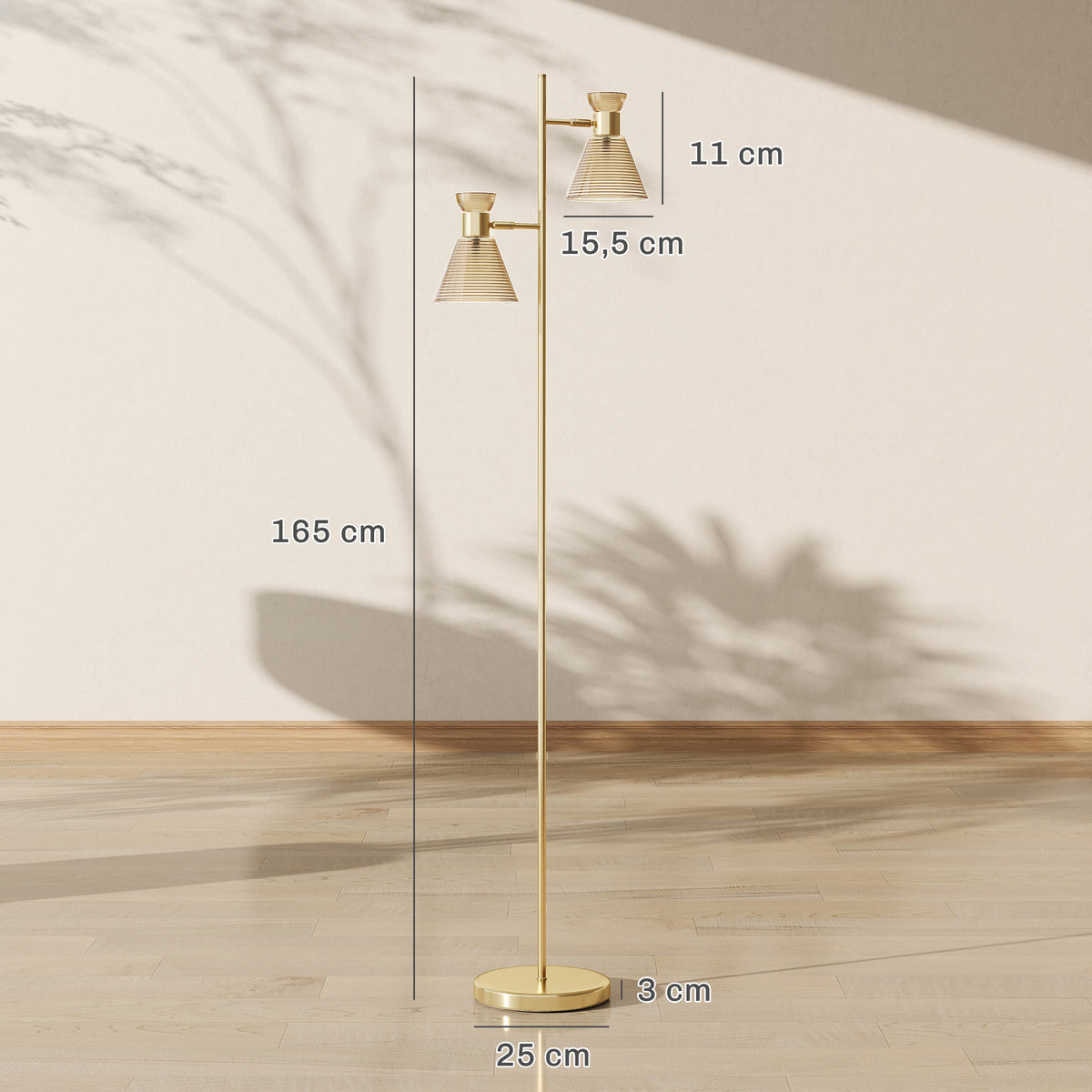 Lampadaire sur pied salon à double tête réglable, lampe sur pied, abat-jour en verre floral, 42 x 25 x 165 cm, doré