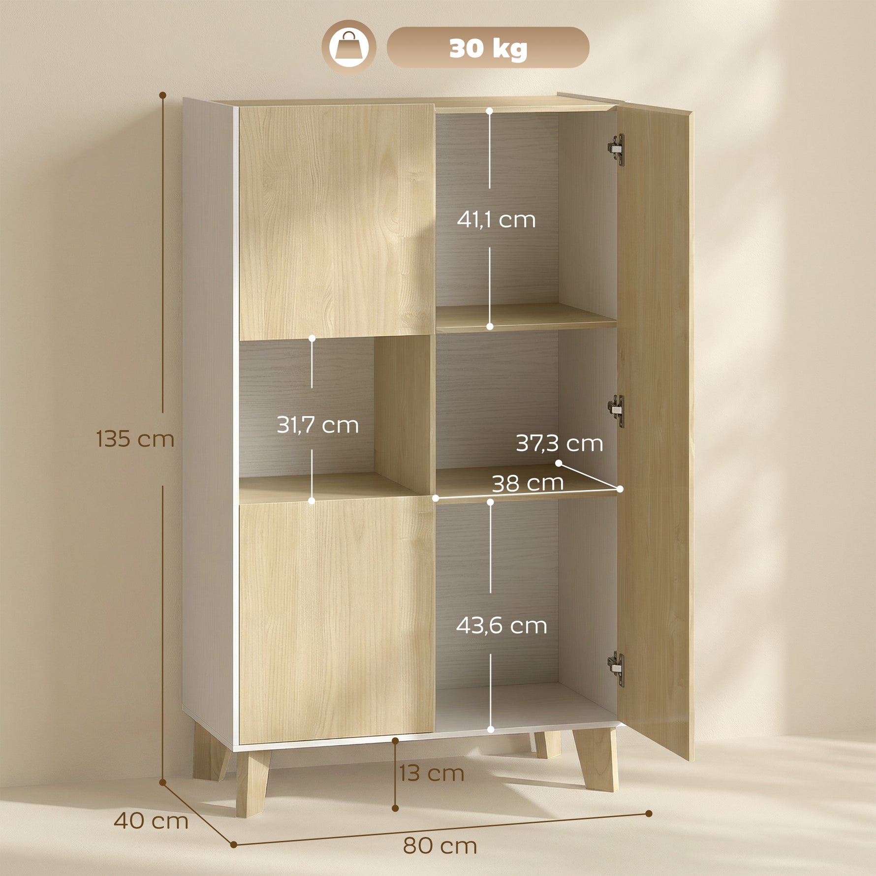 Buffet salon, meuble de rangement à 6 compartiments et portes à fermeture amortie, 80x40x135cm, blanc et bois naturel