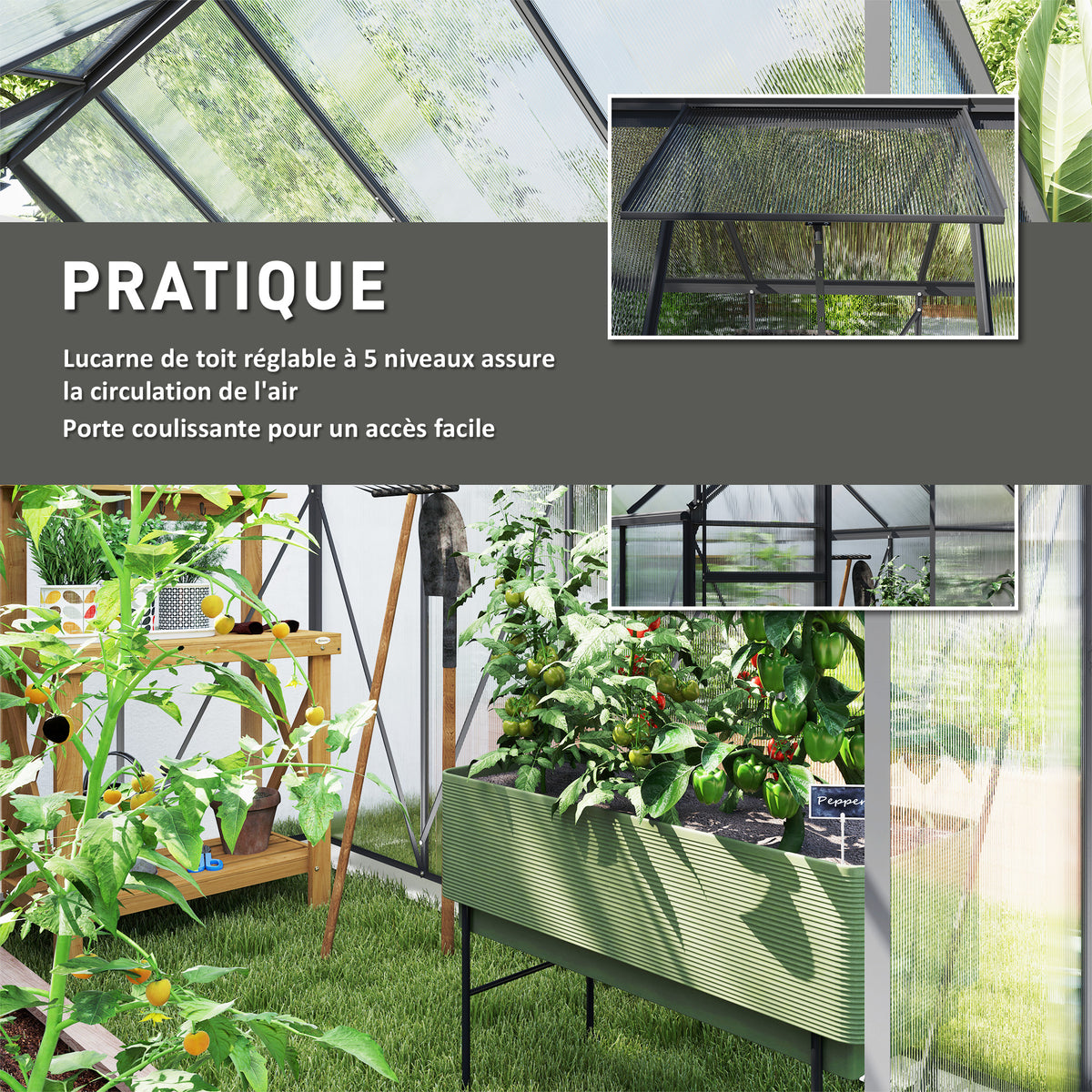 Serre de jardin en polycarbonate 4,8 m²avec fondation, lucarne réglable, porte coulissante 1,9x2,53x1,99m transparent
