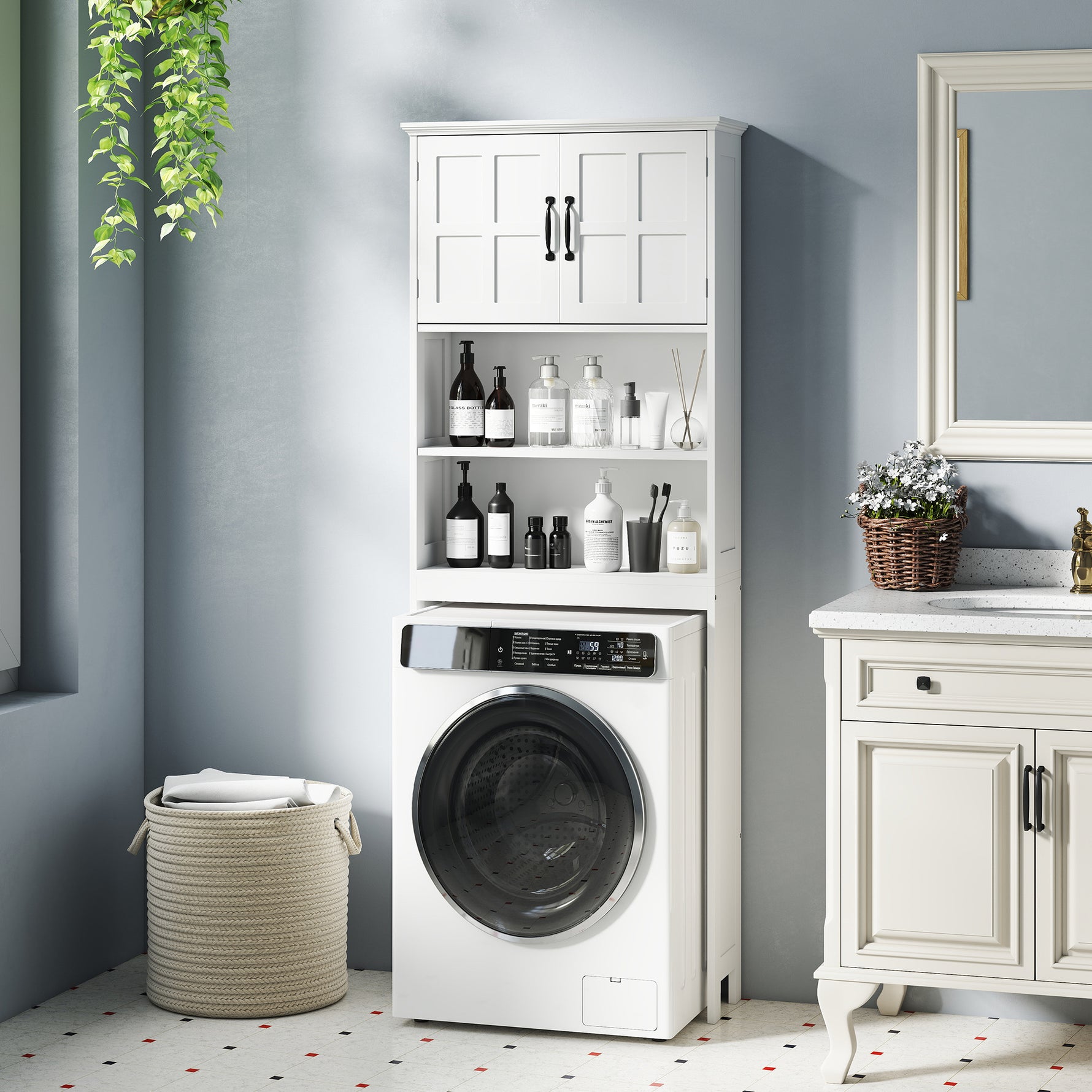 Meuble WC dessus de toilette armoire de rangement de salle de bain avec niches placard à double porte étagère réglable