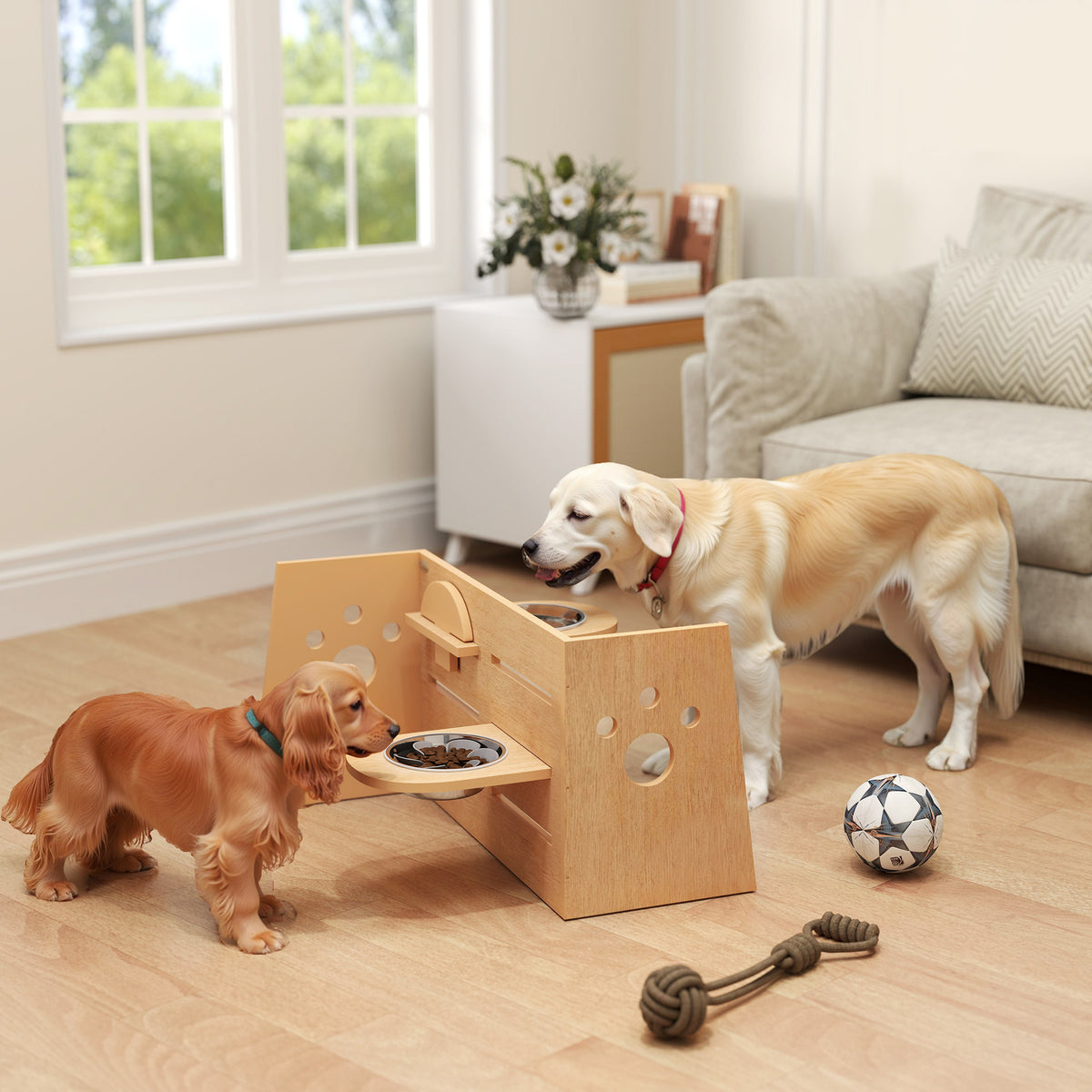 Gamelle chien surélevée de 3 hauteurs ajustables gamelle pour chien 2 bols acier inoxydable 63 x 58,5 x 40 cm chêne