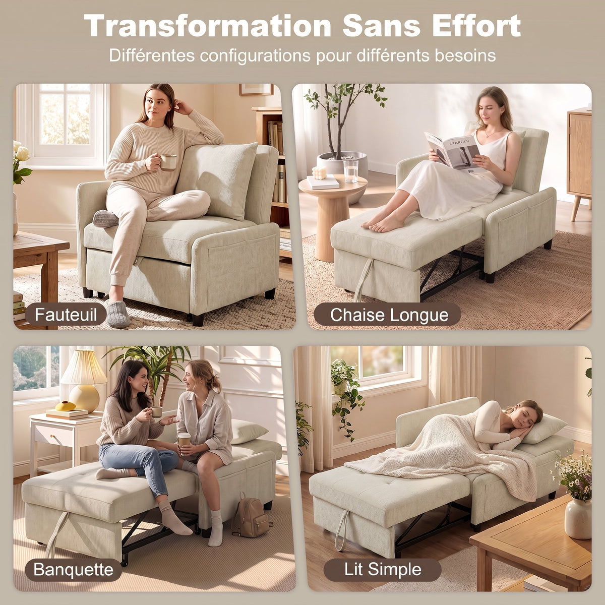 Poltrona Convertibile 1 Posto, Poltrona Letto Clic-Clac 4 in 1 Imbottita in Ciniglia, Schienale Regolabile, Seduta Ampia, Beige