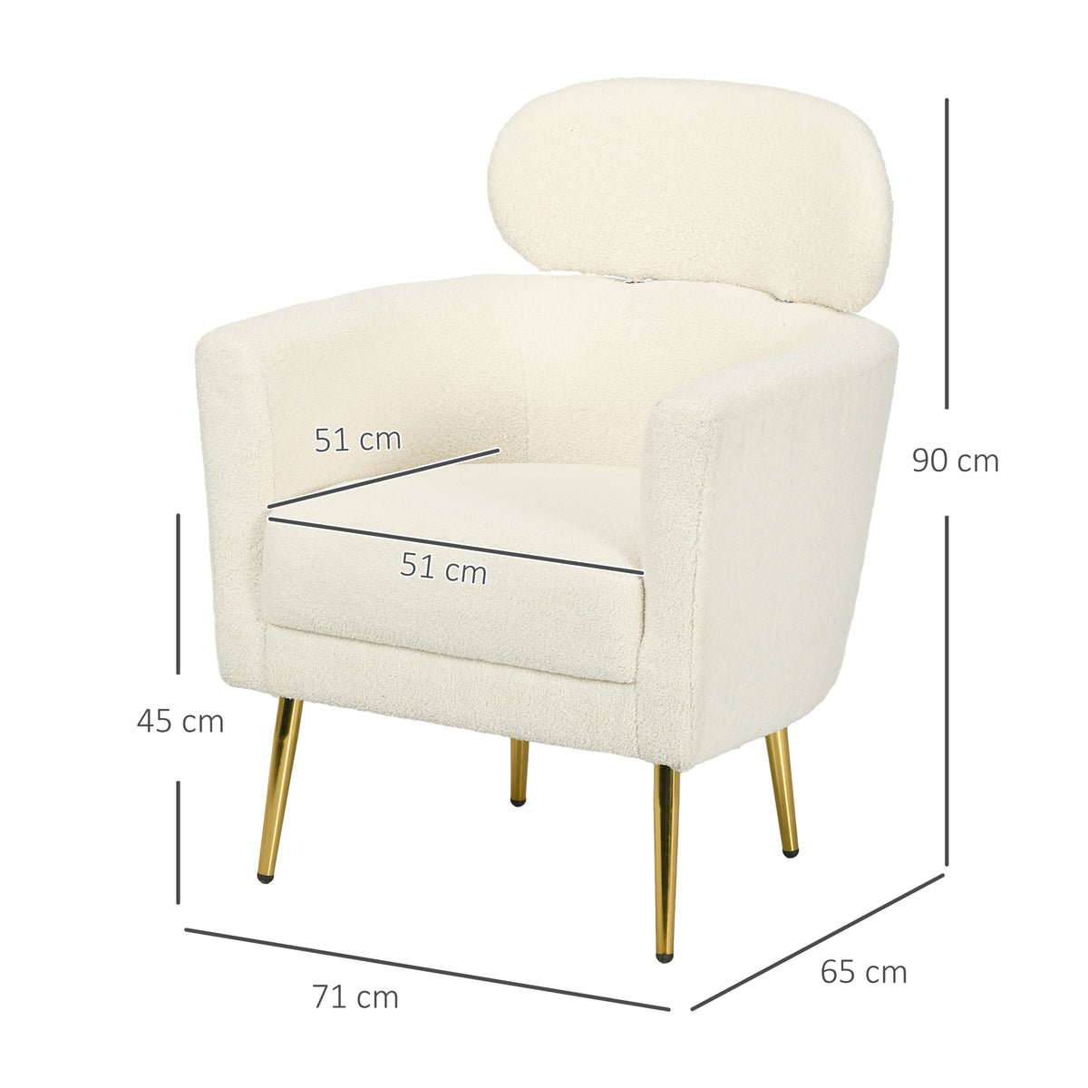 Fauteuil salon avec appuie-tête amovible, fauteuil crapaud en peluche teddy, pieds en métal, 71 x 65 x 90 cm, crème