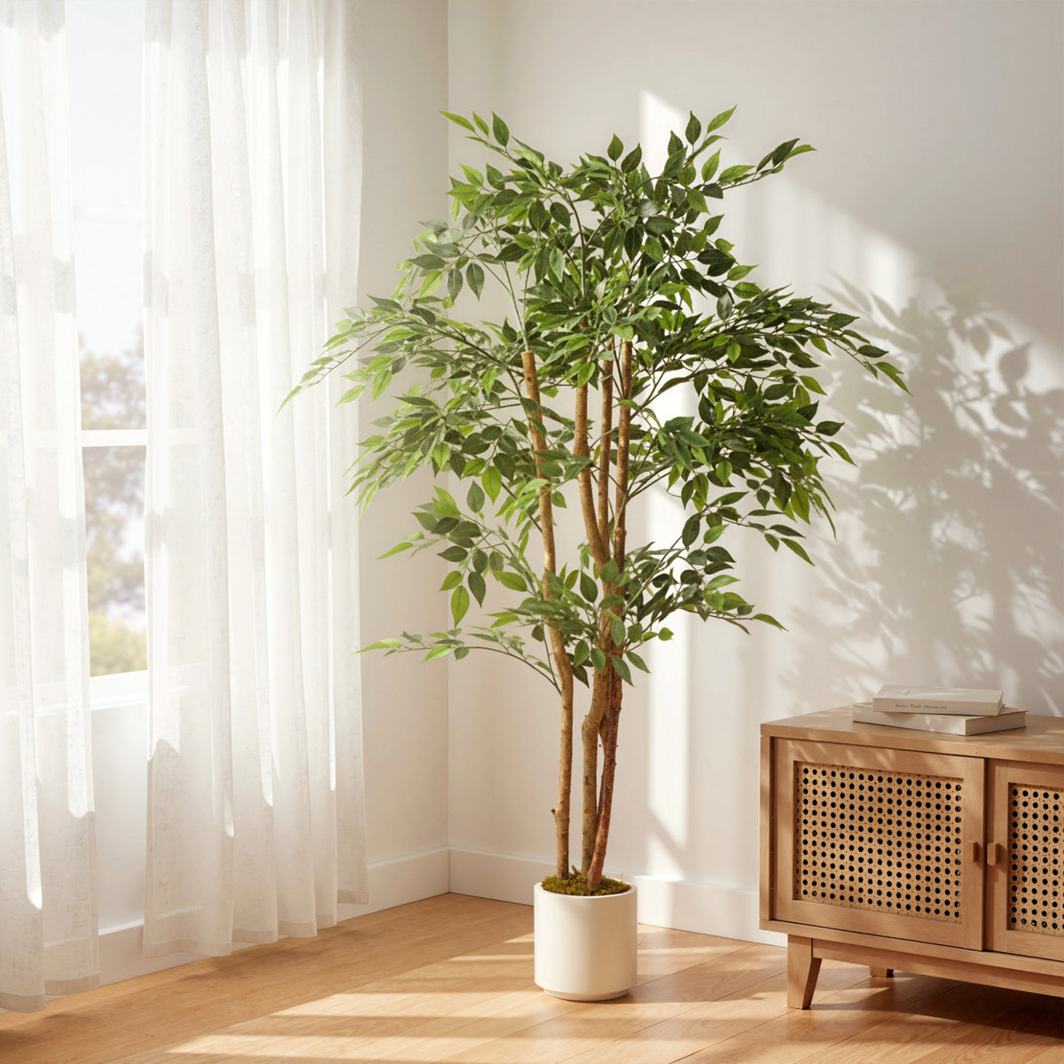 Plante artificielle intérieure 150 cm banian arbre artificiel, pot en plastique et tronc en bois massif, vert