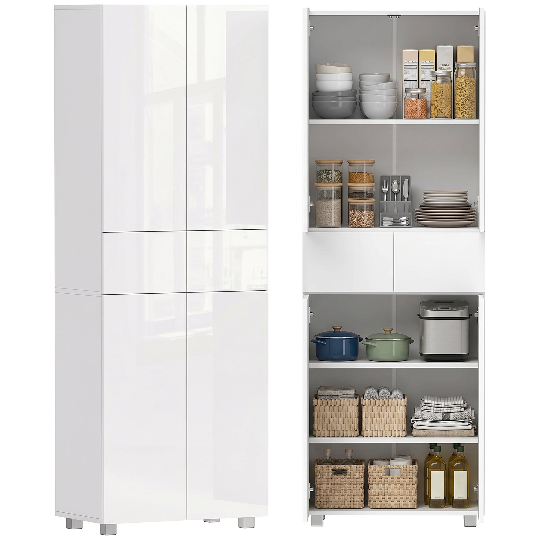 Armoire de cuisine meuble de rangement buffet 4 portes avec étagères réglables - dim. 60L x 35l x 170H cm blanc laqué