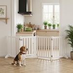 Barrière de Sécurité Chien Pliable Double Face en Bois, 4 Panneaux avec Porte, Pieds de Support, 205 x 60 cm, Blanc