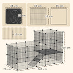 Dierenren voor kleine dieren, modulaire konijnenkooi met 2 niveaus, 39 panelen met helling, staal, 140 x 70 x 105 cm, zwart