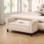Banc de rangement bout de lit avec accoudoirs, tissu effet velours rembourré et capitonné, 126 x 48,5 x 57 cm, beige