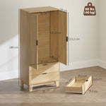 Armoire chambre penderie avec 2 portes à fermeture douce, 2 tiroirs et barre de suspension, 80x50x180cm, bois naturel