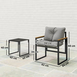 Salon de jardin 3 pièces 2 places avec 2 fauteuils 1 table basse, plateau en verre trempé et coussins, gris