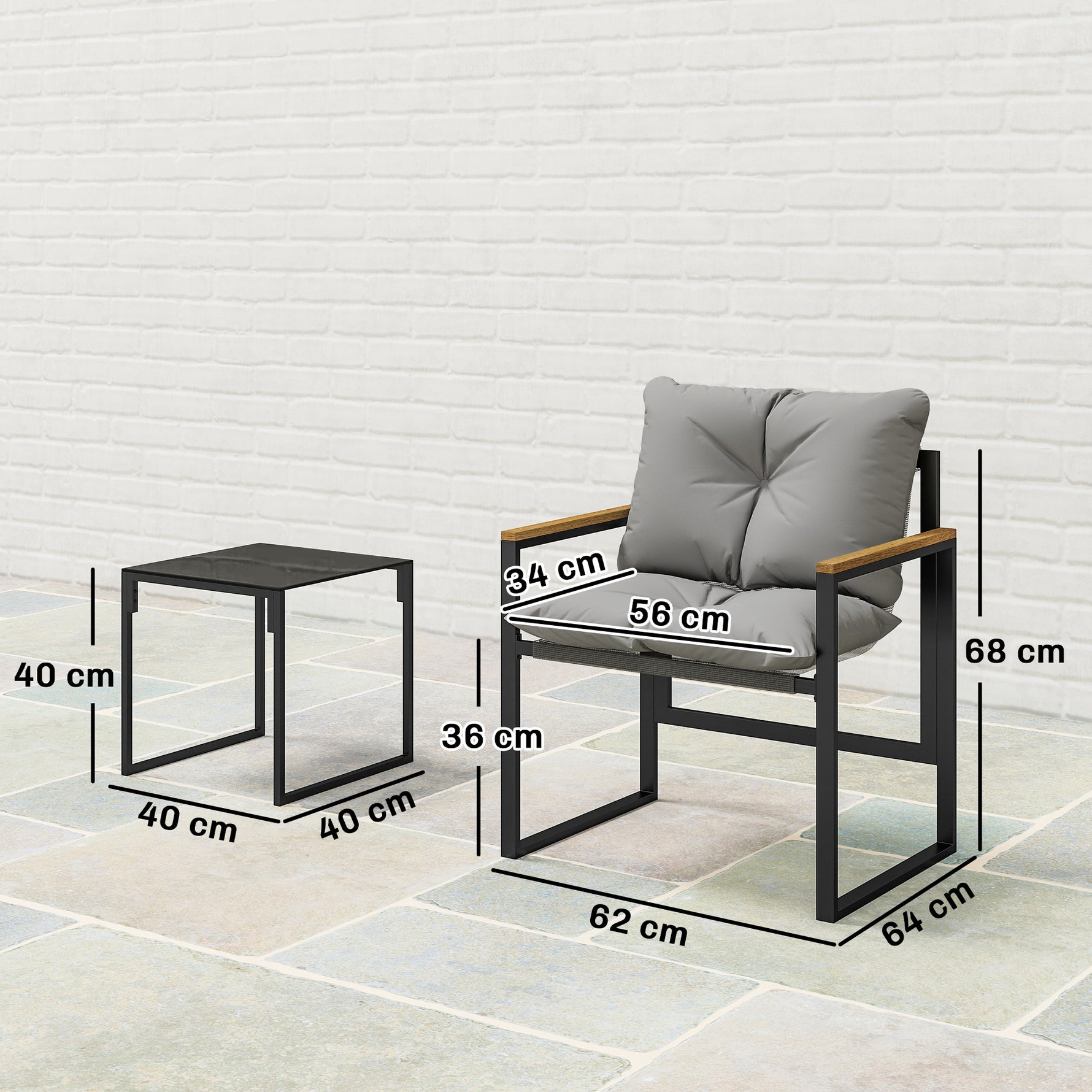 Salon de jardin 3 pièces 2 places avec 2 fauteuils 1 table basse, plateau en verre trempé et coussins, gris